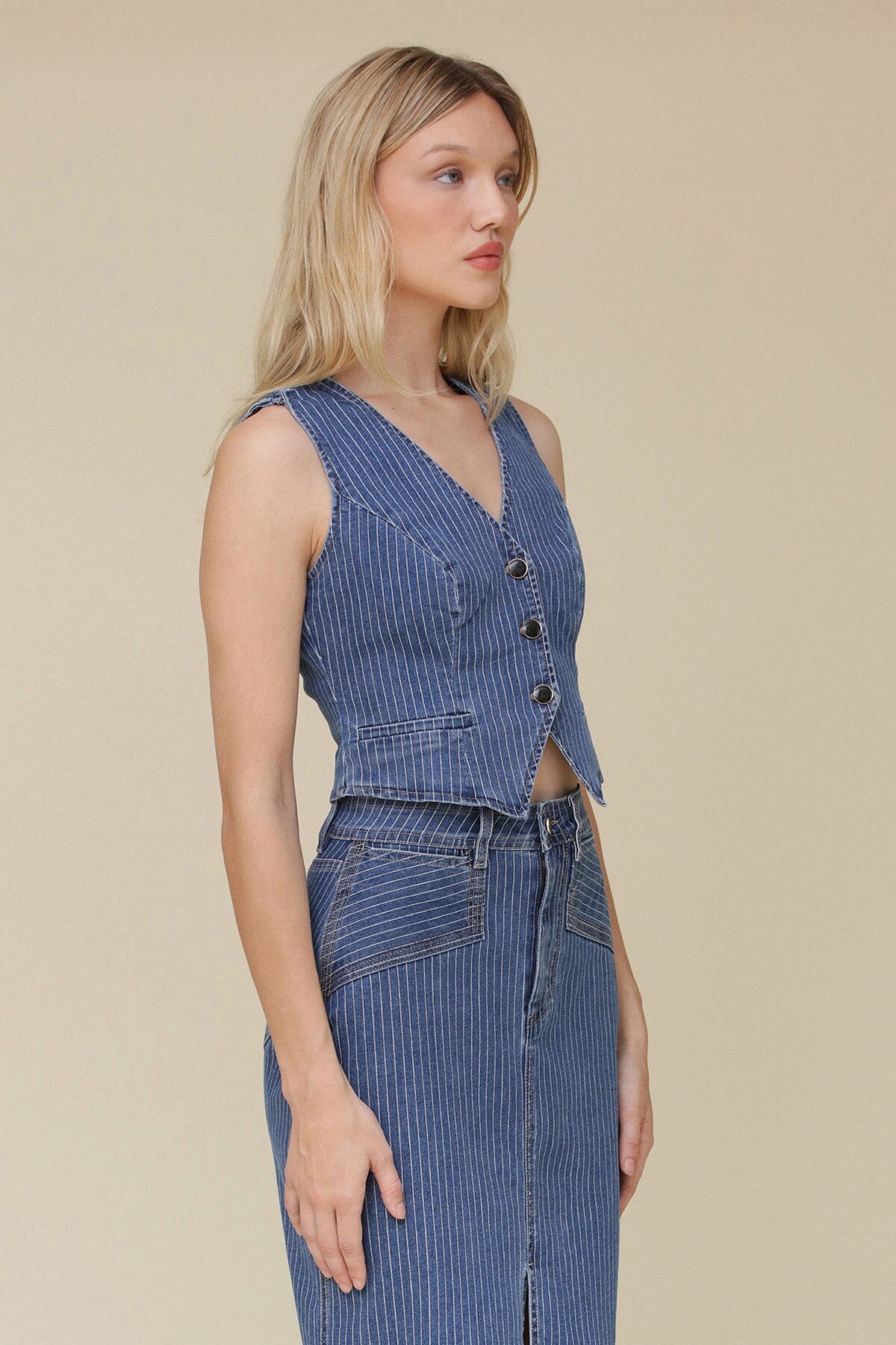Blue pinstripe denim suit sleeveless V-neck vest with button-front closure and faux welt pockets - Cute womens vests by Avec Les Filles