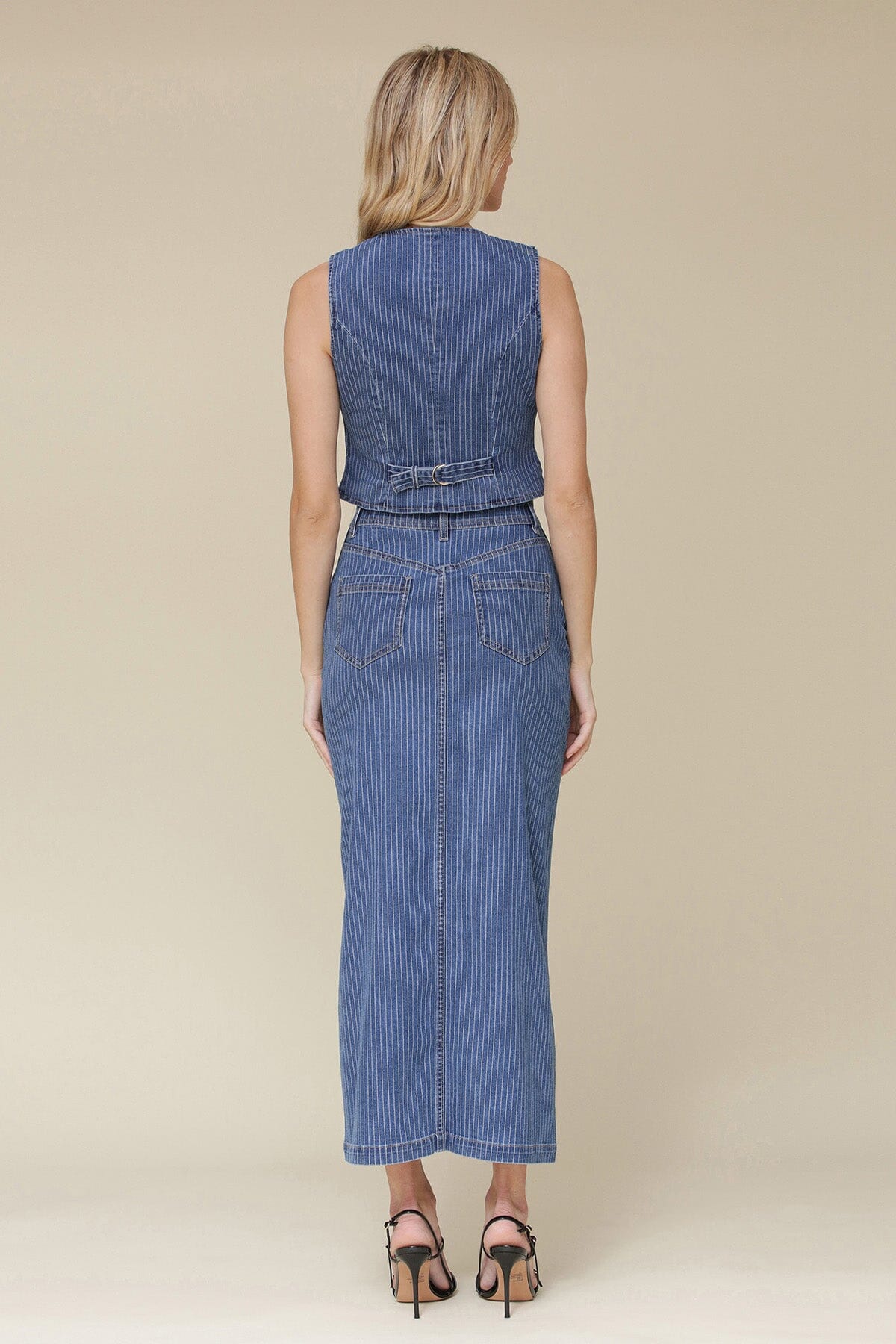 Blue pinstripe denim suit sleeveless V-neck vest with button-front closure and faux welt pockets - Cute womens vests by Avec Les Filles