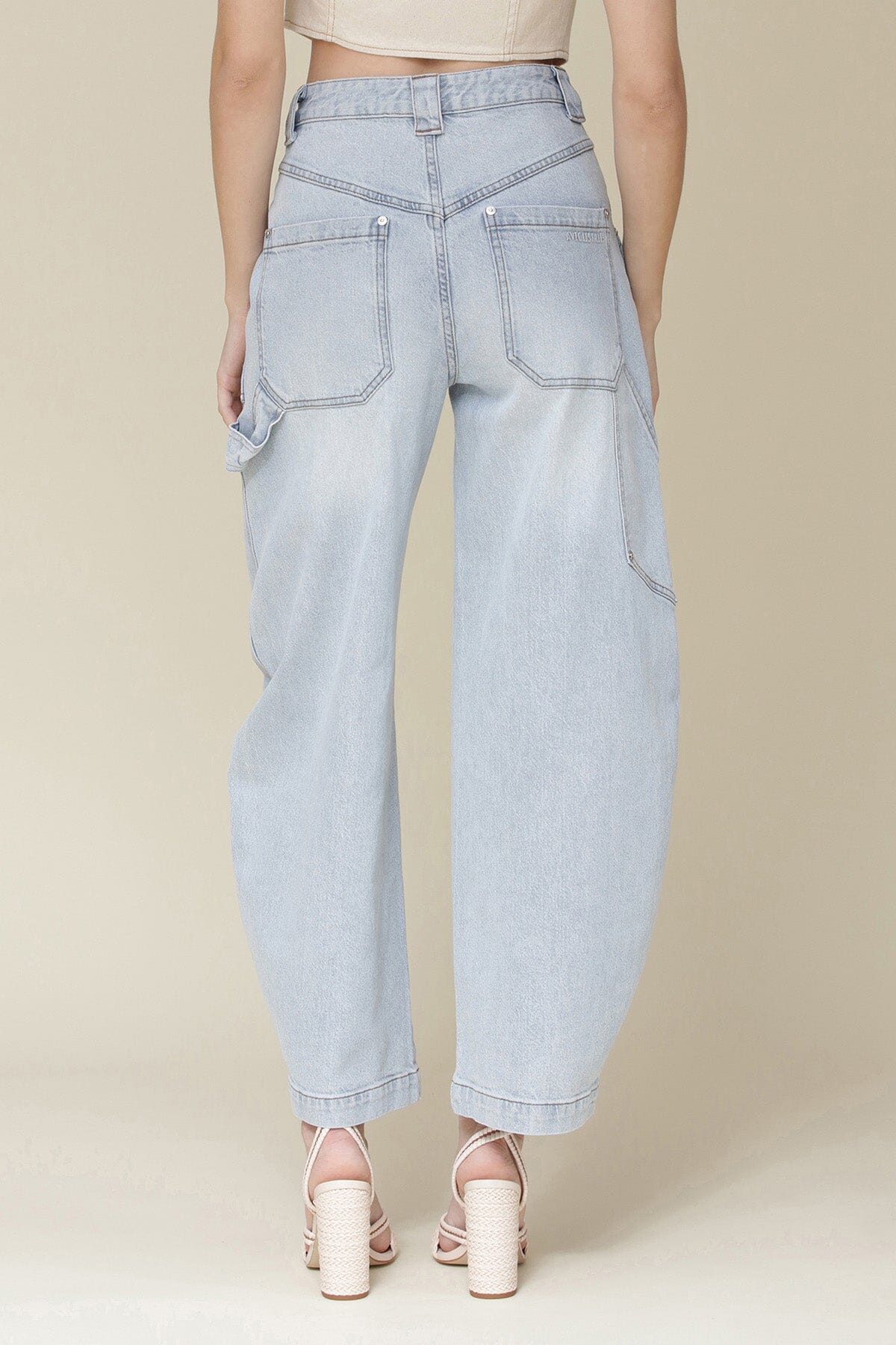Light wash blue barrel high waist jeans with front cargo pockets and back patch pockets - Cute women's pants by Avec Les Filles