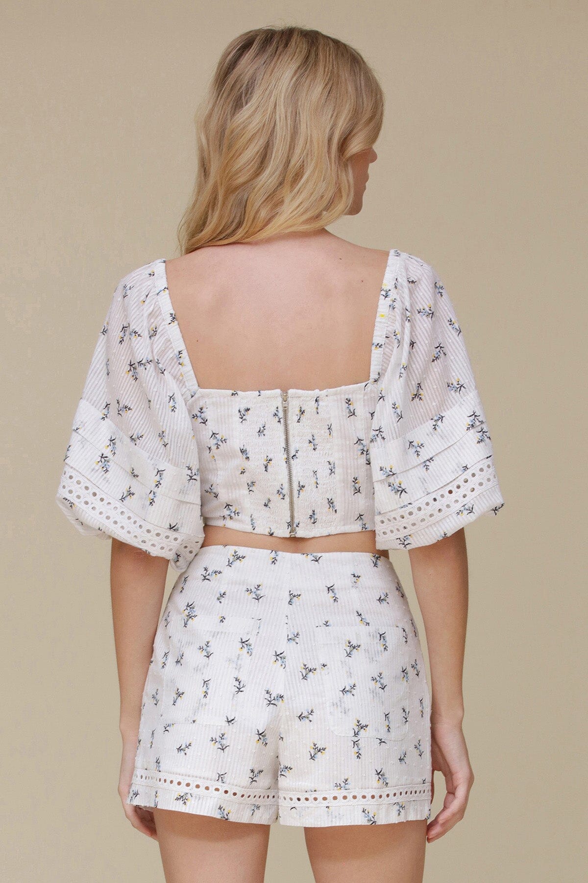 White floral cotton puff sleeve crop top with portrait neck, corset detailing and back zipper closure - Cute women's tops by Avec Les Filles