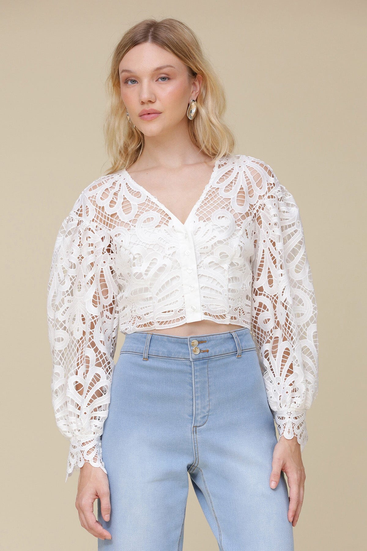 White embroidered lace long puff sleeve crop top made of 100% polyester with v-neckline and front button closure - Cute womens tops by Avec Les Filles