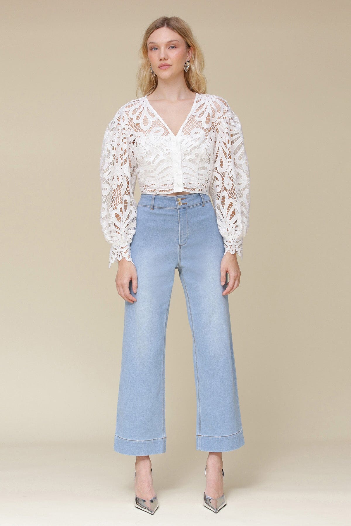 White embroidered lace long puff sleeve crop top made of 100% polyester with V-neckline, front button closure and scalloped cuffs - Cute womens tops by Avec Les Filles