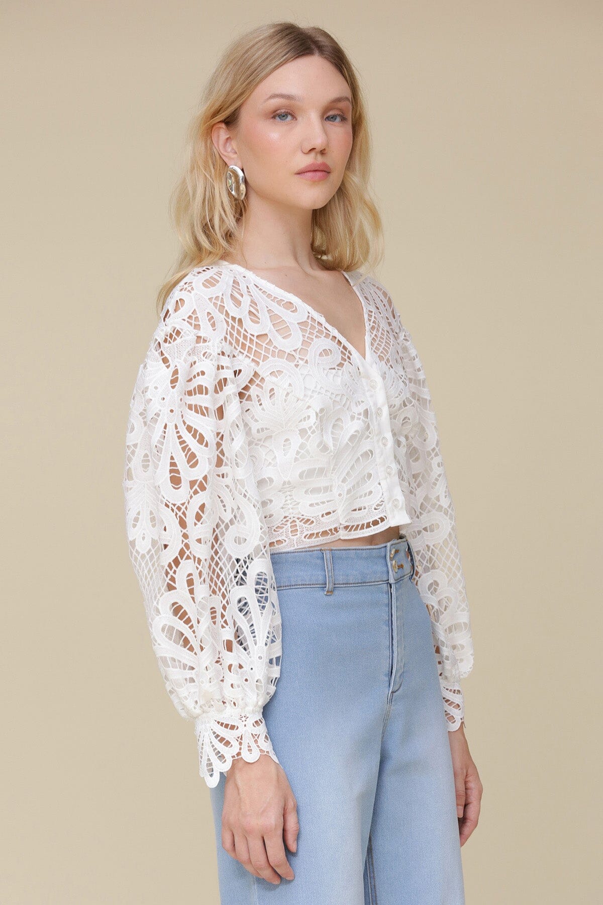 White embroidered lace long puff sleeve crop top made of 100% polyester with V-neckline, front button closure and scalloped cuffs - Cute womens tops by Avec Les Filles