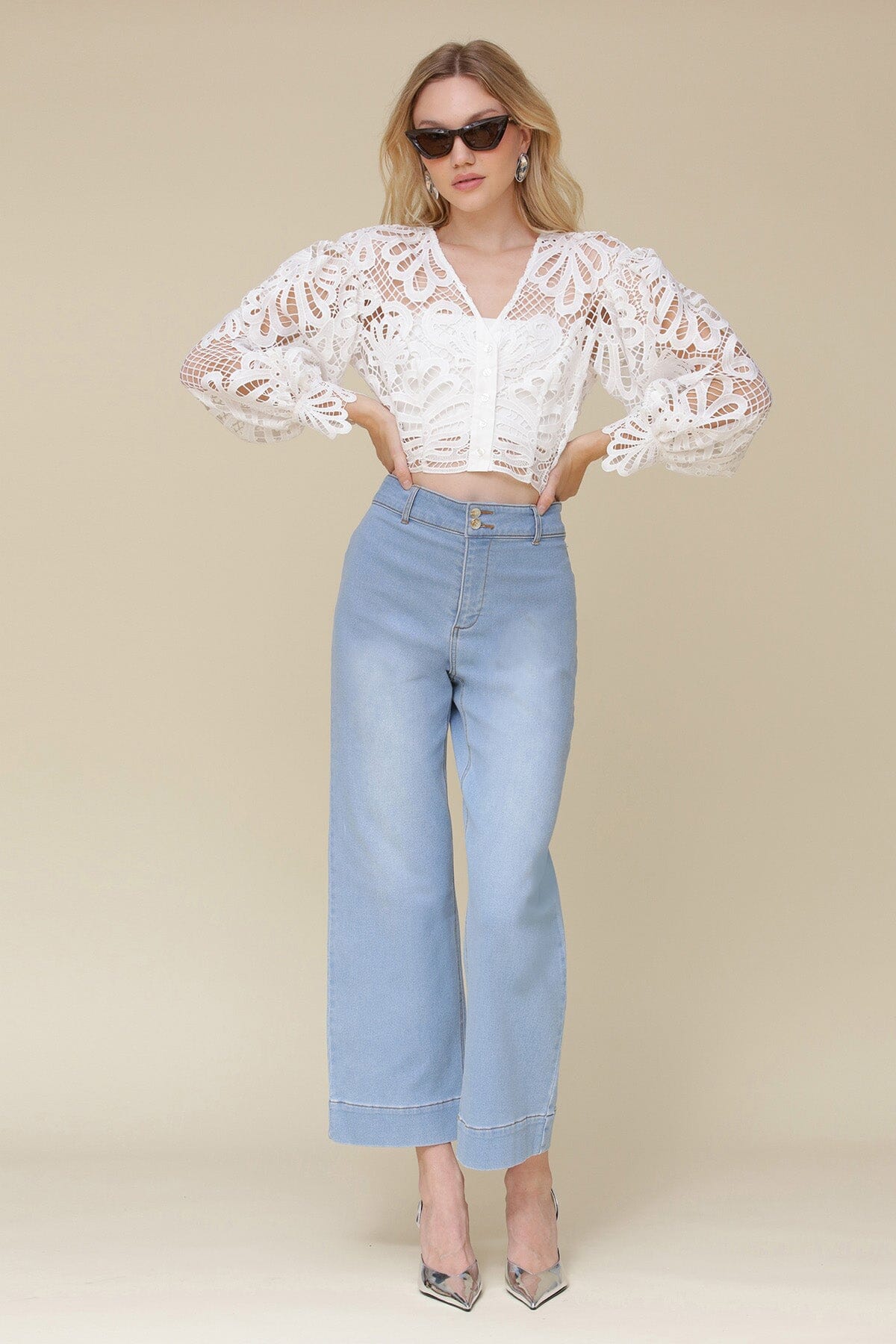 White embroidered lace long puff sleeve crop top made of 100% polyester with V-neckline, front button closure and scalloped cuffs - Cute womens tops by Avec Les Filles