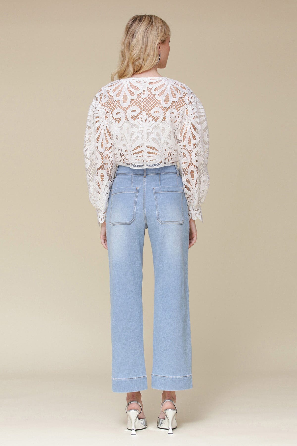White embroidered lace long puff sleeve crop top made of 100% polyester with V-neckline, front button closure and scalloped cuffs - Cute womens tops by Avec Les Filles