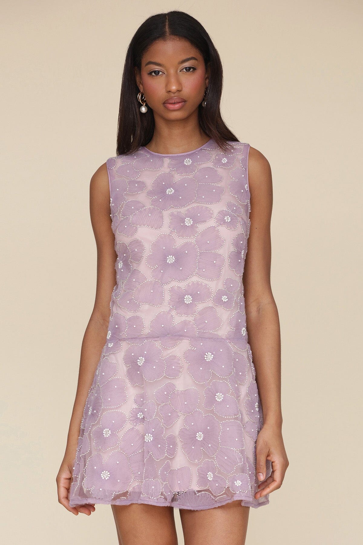 Lavender embellished tulle drop waist sleeveless mini dress with crew neckline and hidden back zipper closure - Cute women's dresses by Avec Les Filles