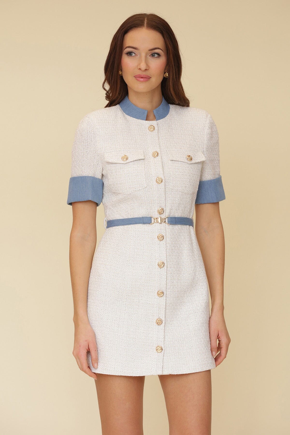 White ivory contrast trim tweed tailored short cuffed sleeves mini dress with crewneck stand collar, front button clsoure and detachable waist belt - Cute women's dresses by Avec Les Filles