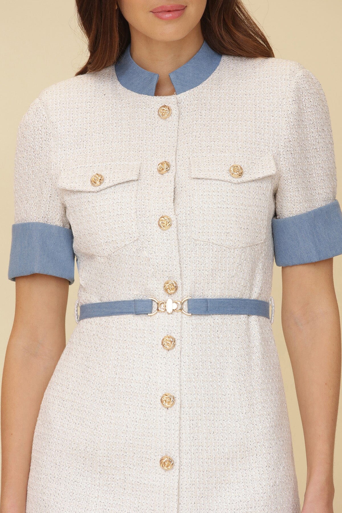White ivory contrast trim tweed tailored short cuffed sleeves mini dress with crewneck stand collar, front button clsoure and detachable waist belt - Cute women's dresses by Avec Les Filles