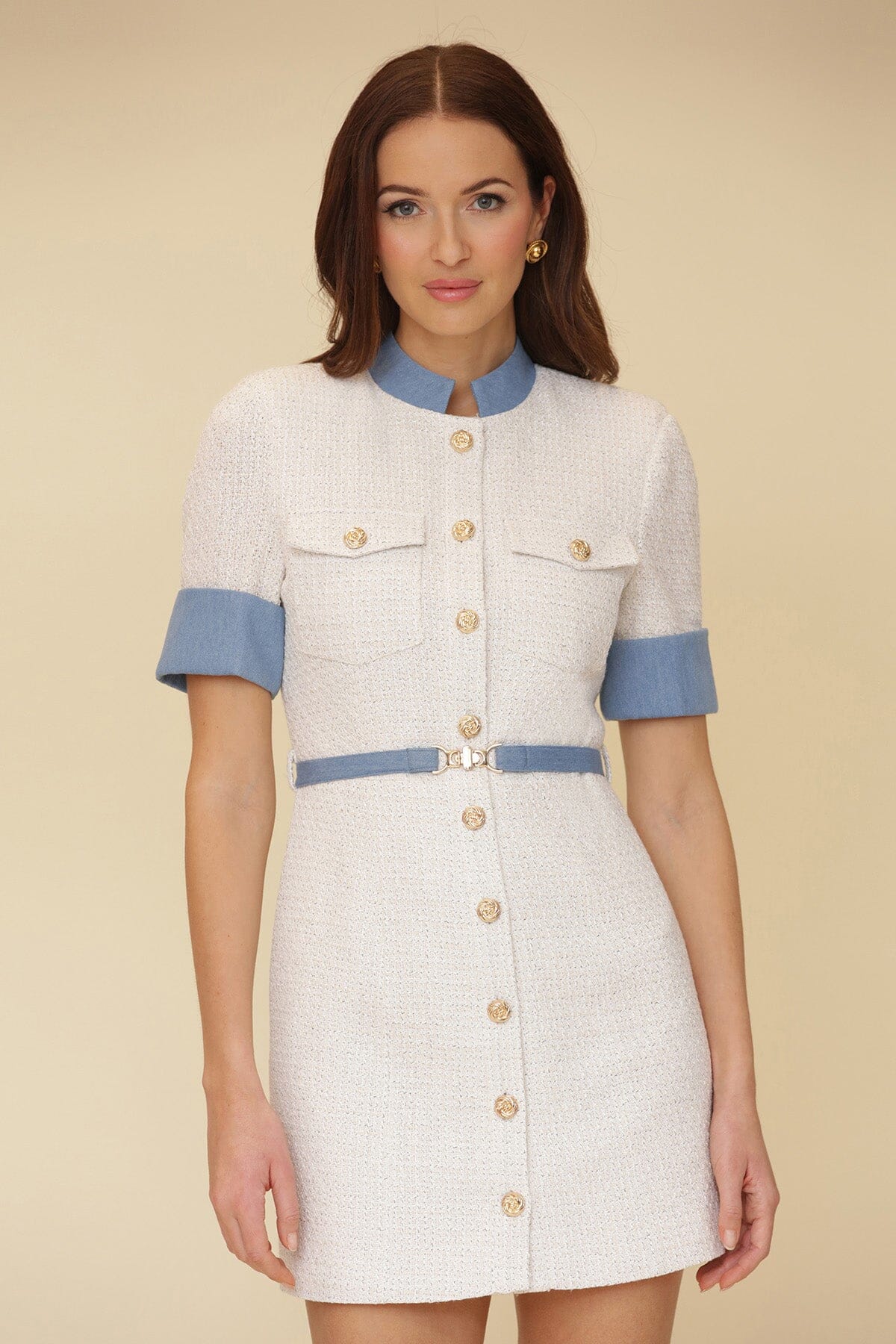 White ivory contrast trim tweed tailored short cuffed sleeves mini dress with crewneck stand collar, front button clsoure and detachable waist belt - Cute women's dresses by Avec Les Filles