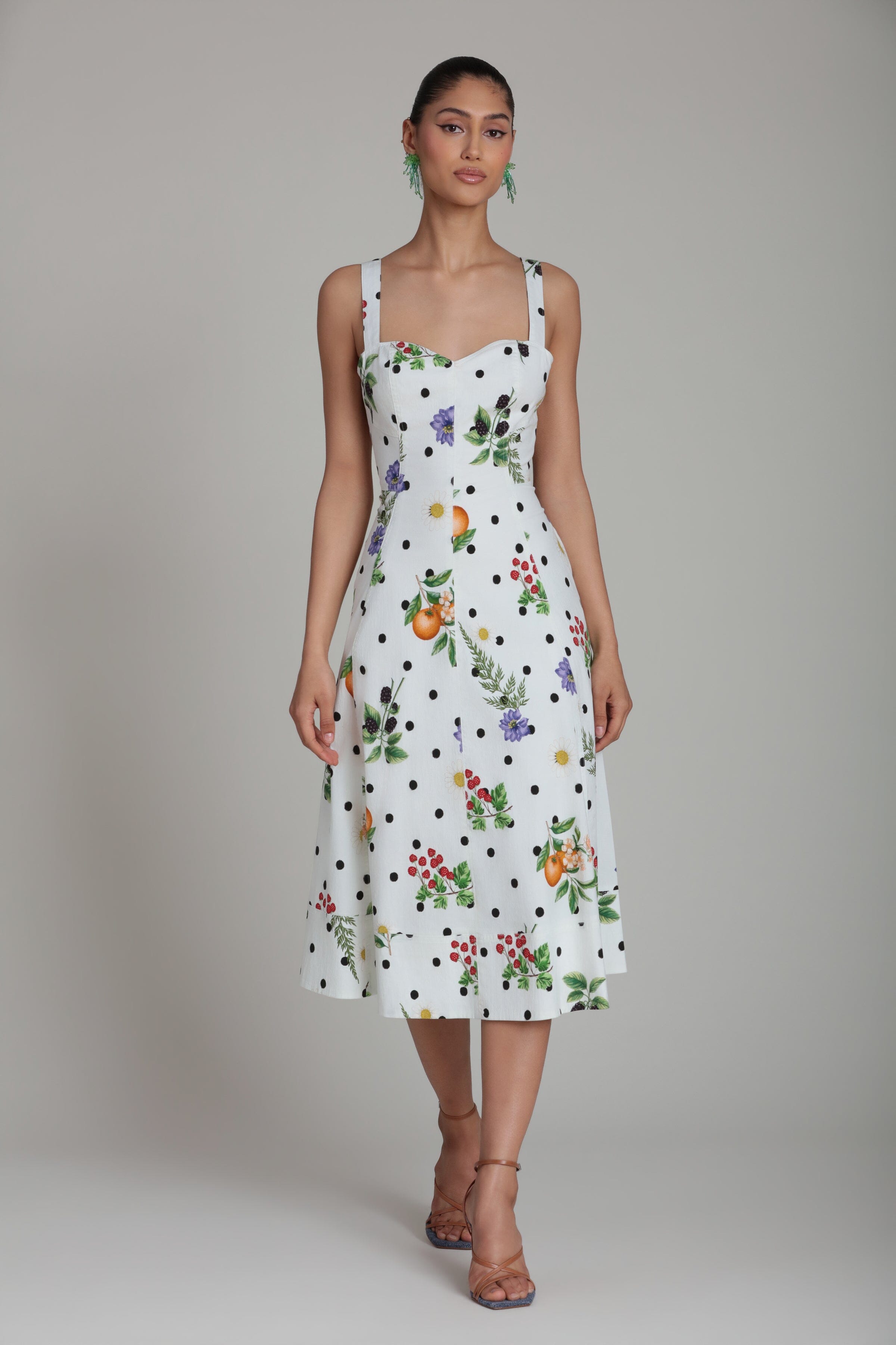 White floral polka dot midi dress with sweetheart neck and adjustable straps - Shop cute midi dresses by Avec Les Filles