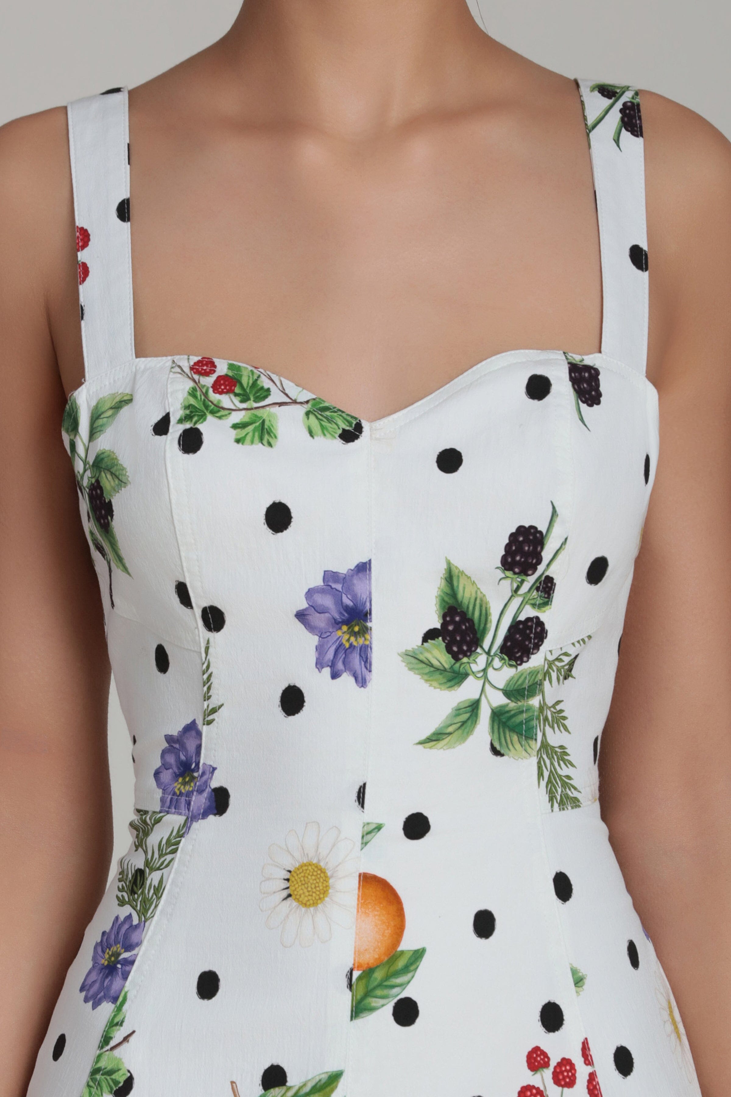 Stretch cotton white floral polka dot midi dress with sweetheart neck and adjustable straps by Avec Les Filles