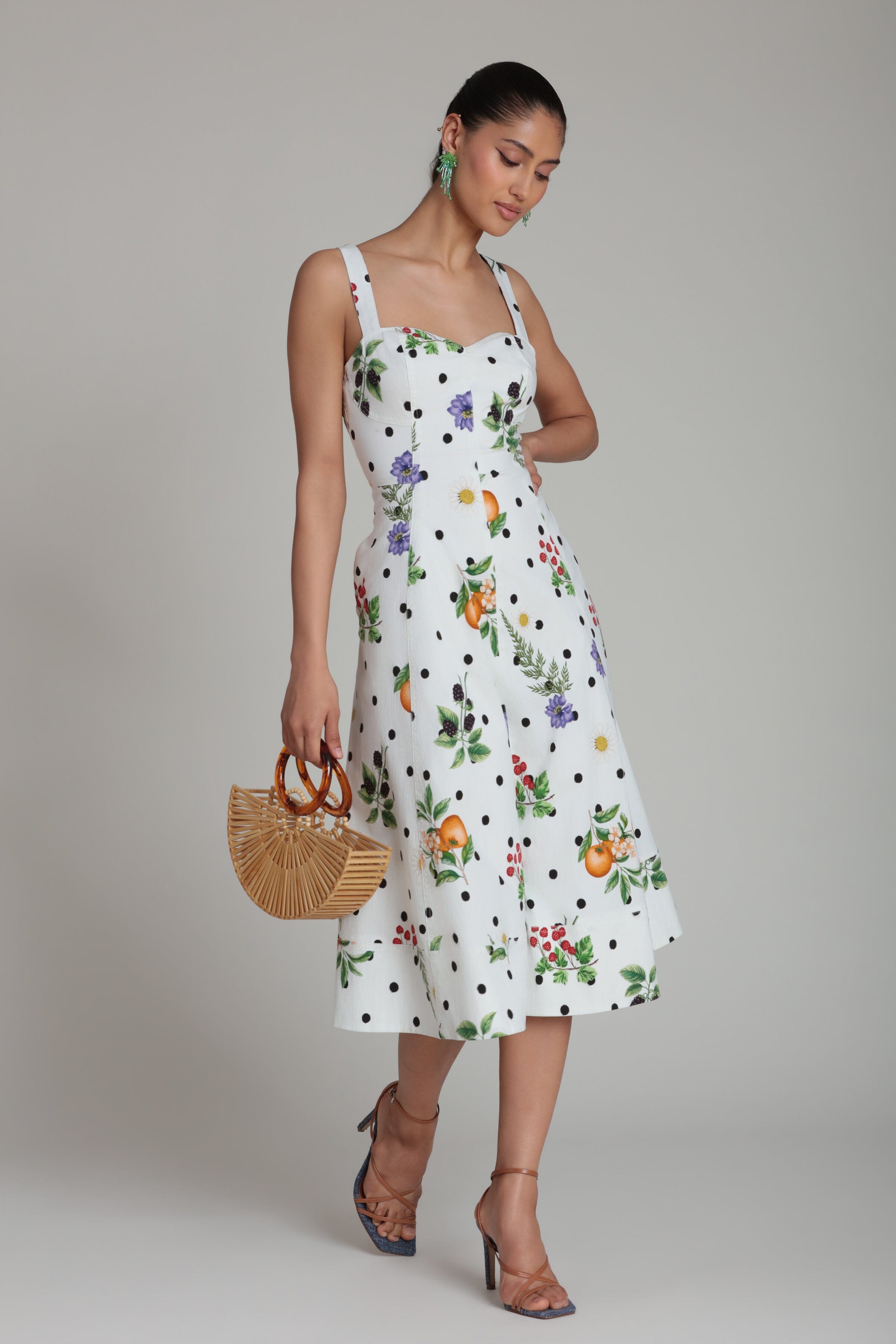 Stretch cotton white floral polka dot dress with sweetheart neck and adjustable straps by Avec Les Filles