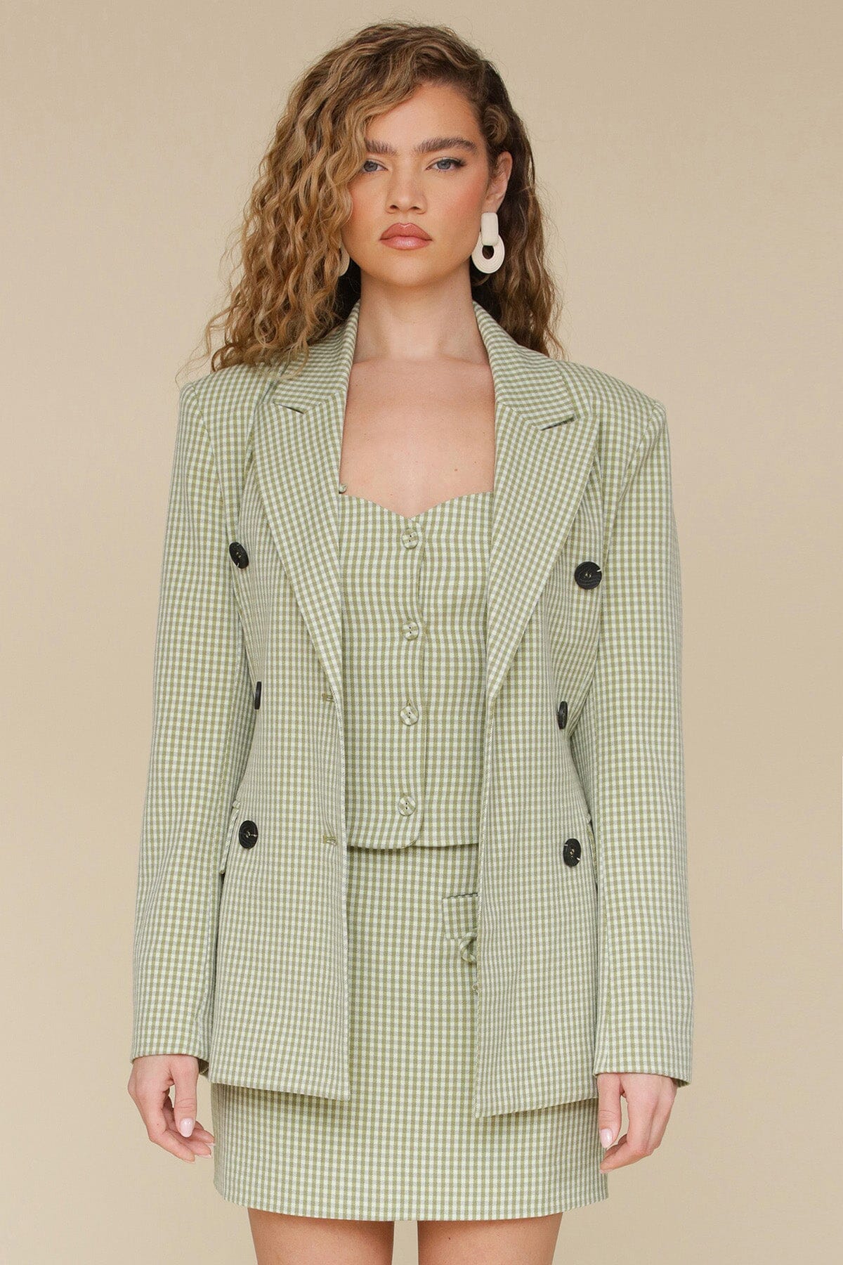 Green avocado belted gingham sculpted long sleeves blazer with double-breasted front button closure, notch collar and removable self-tie belt - Cute women's blazers by Avec Les Filles