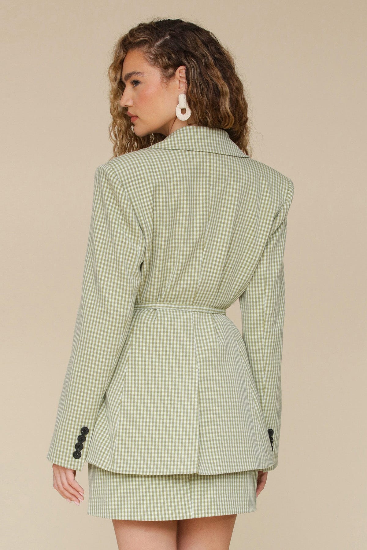 Green avocado belted gingham sculpted long sleeves blazer with double-breasted front button closure, notch collar and removable self-tie belt - Cute women's blazers by Avec Les Filles