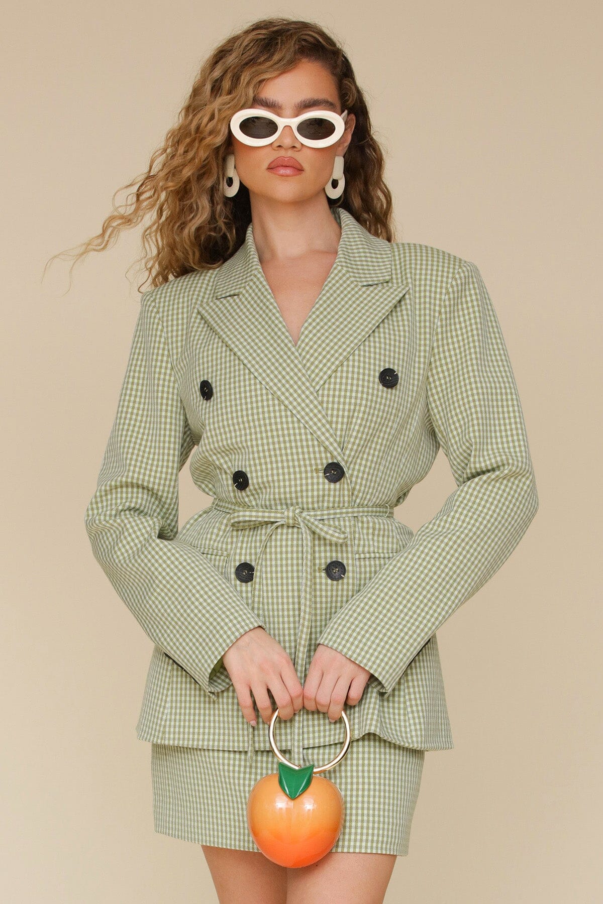 Green avocado belted gingham sculpted long sleeves blazer with double-breasted front button closure, notch collar and removable self-tie belt - Cute women's blazers by Avec Les Filles