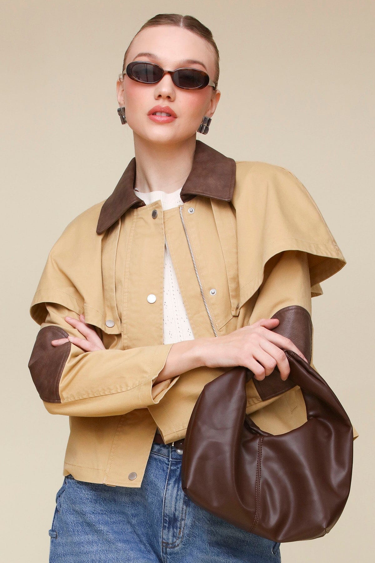 Faux Leather Trim Cotton Cape Jacket Coats & Jackets Avec Les Filles 