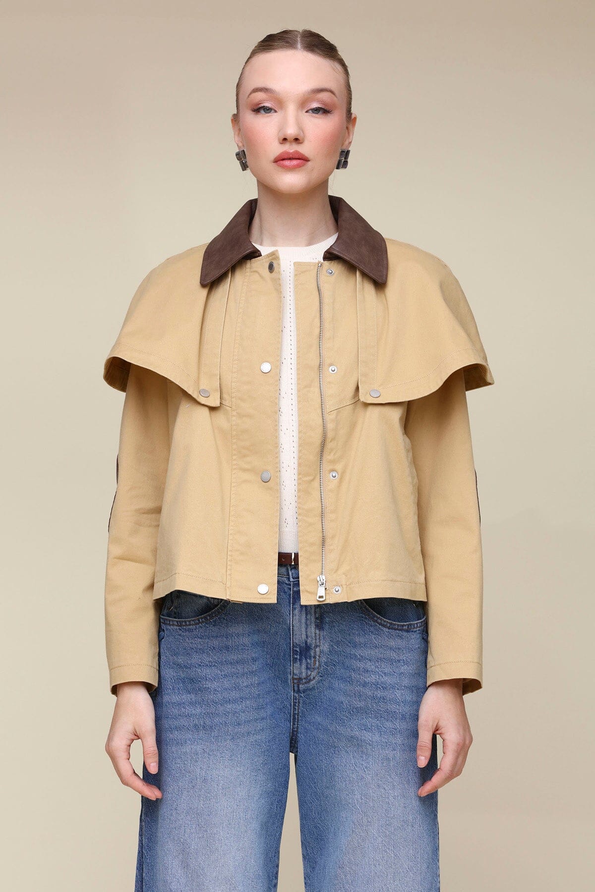 Faux Leather Trim Cotton Cape Jacket Coats & Jackets Avec Les Filles Khaki XS 