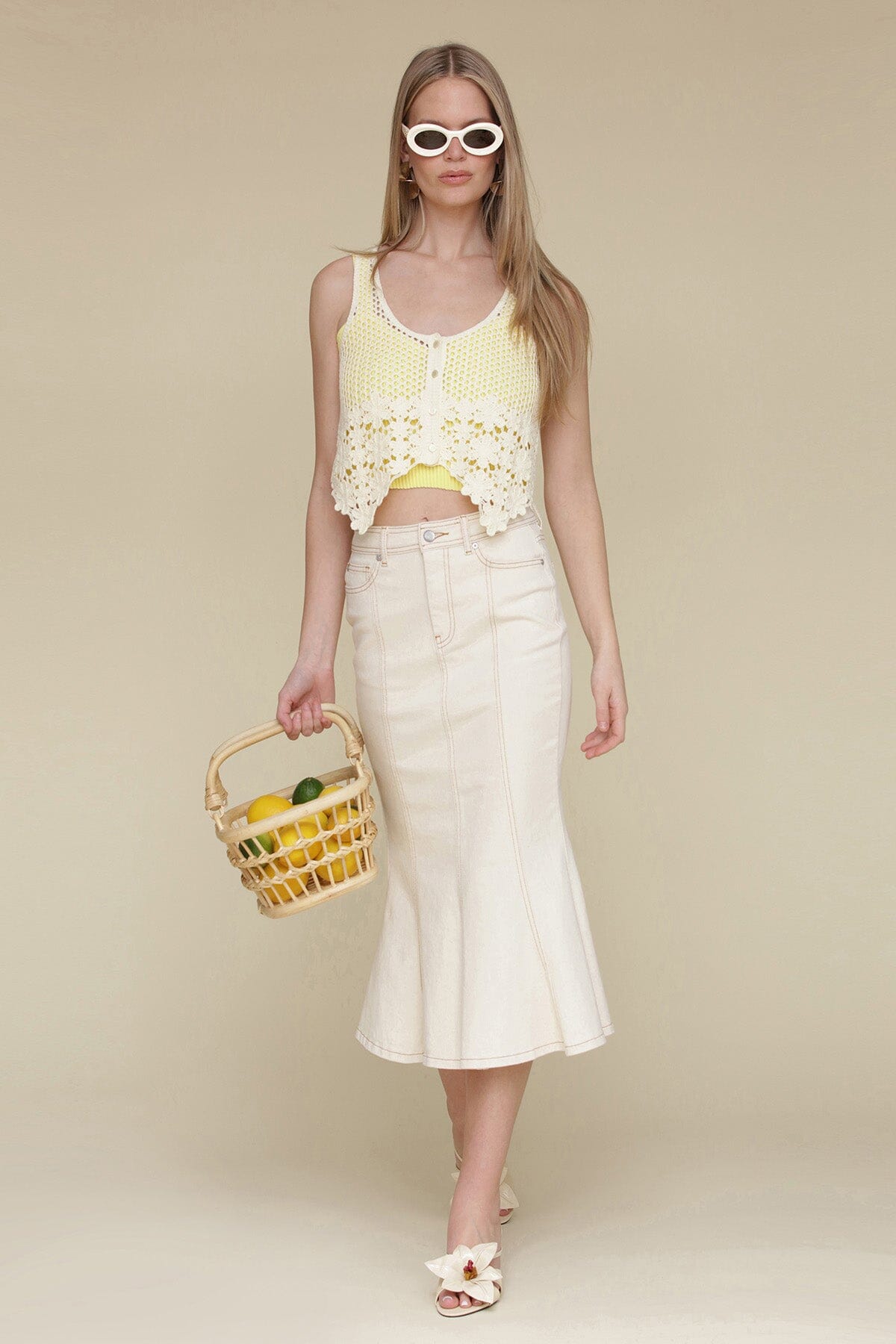 Pastel yellow layered cotton crochet tank top made of 100% cotton with ribbed texture and sleeveless scoop neck - Cute womens tank tops by Avec Les Filles