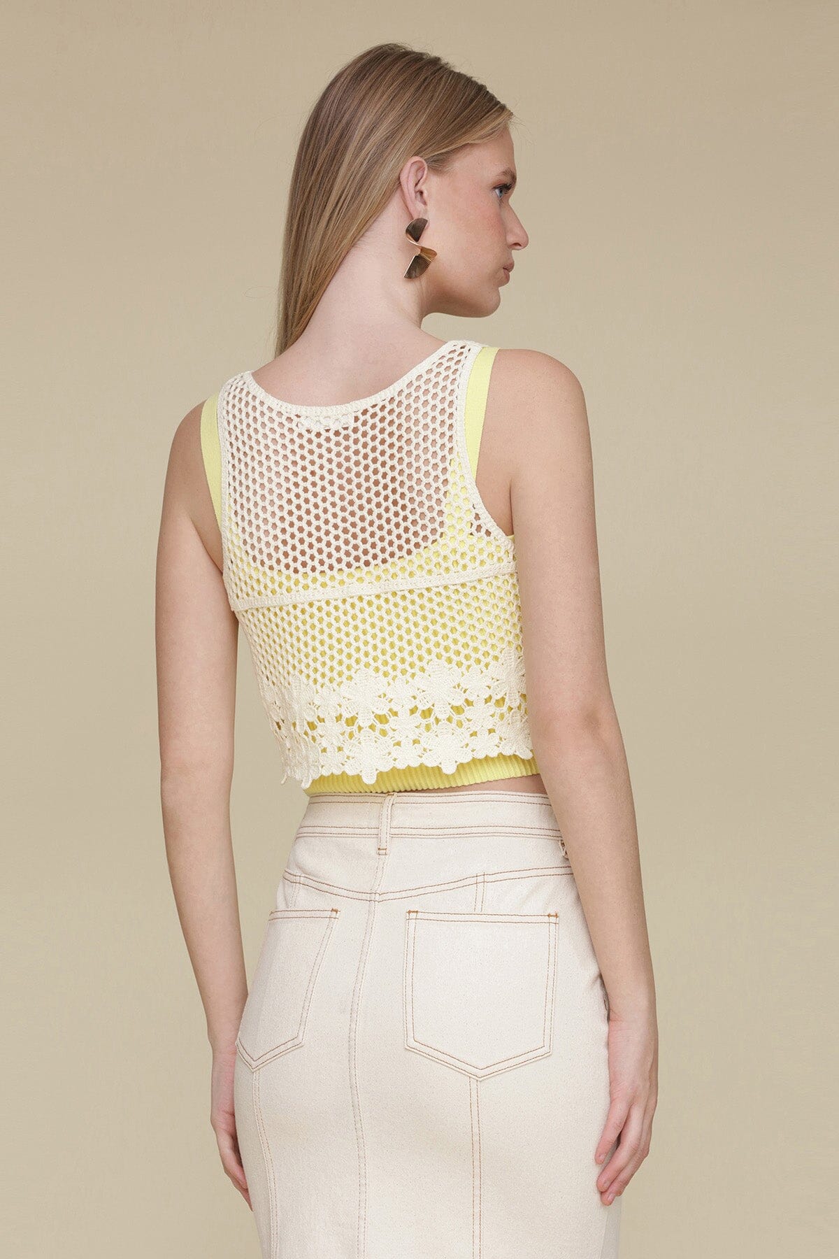 Pastel yellow layered cotton crochet tank top made of 100% cotton with ribbed texture and sleeveless scoop neck - Cute womens tank tops by Avec Les Filles