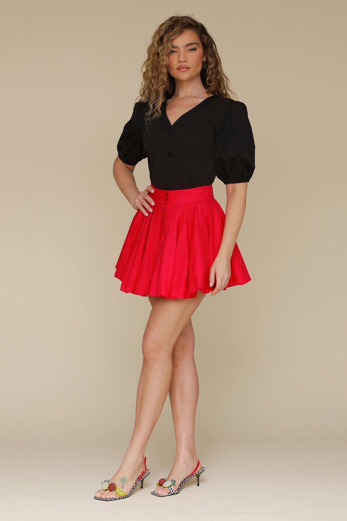 Hot red linen blend button-front mini skirt features a high waist, button-front closure - Cute women's skirts by Avec Les Filles
