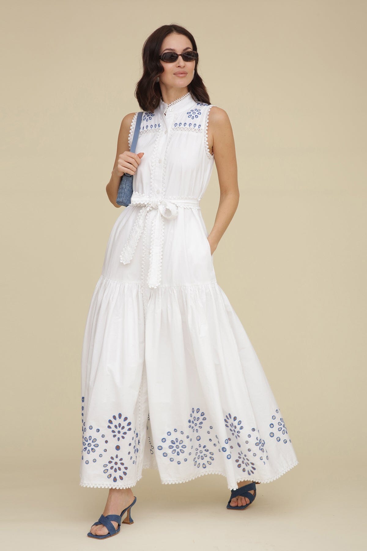 Embroidered white blue cotton belted maxi dress with sleeveless button-front bodice with detachable self-tie waist belt - Cute women's maxi dresses by Avec Les Filles