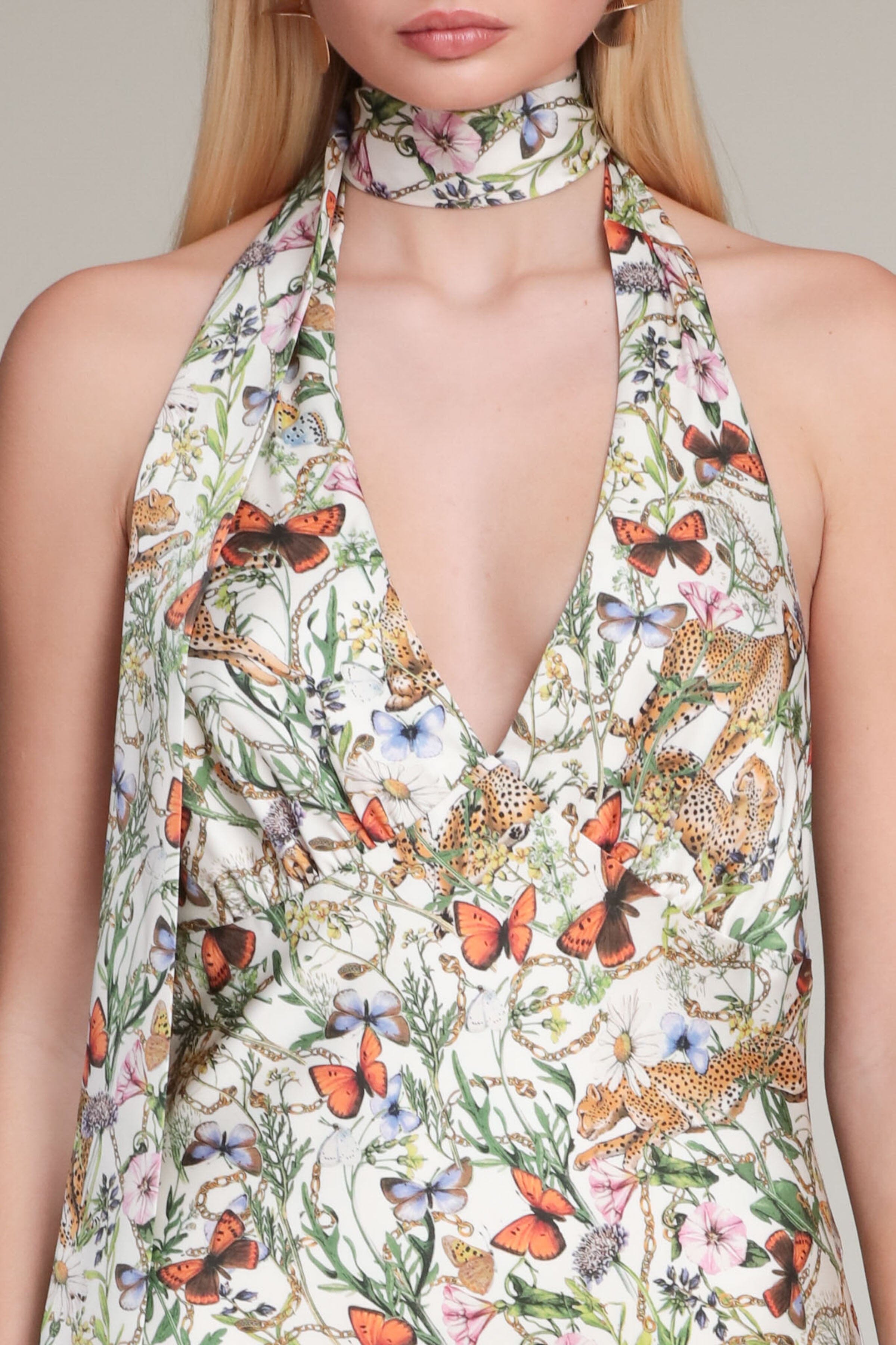 Printed scarf-tie cream satin maxi dress with a halter neckline - Shop women’s maxi dresses by Avec Les Filles