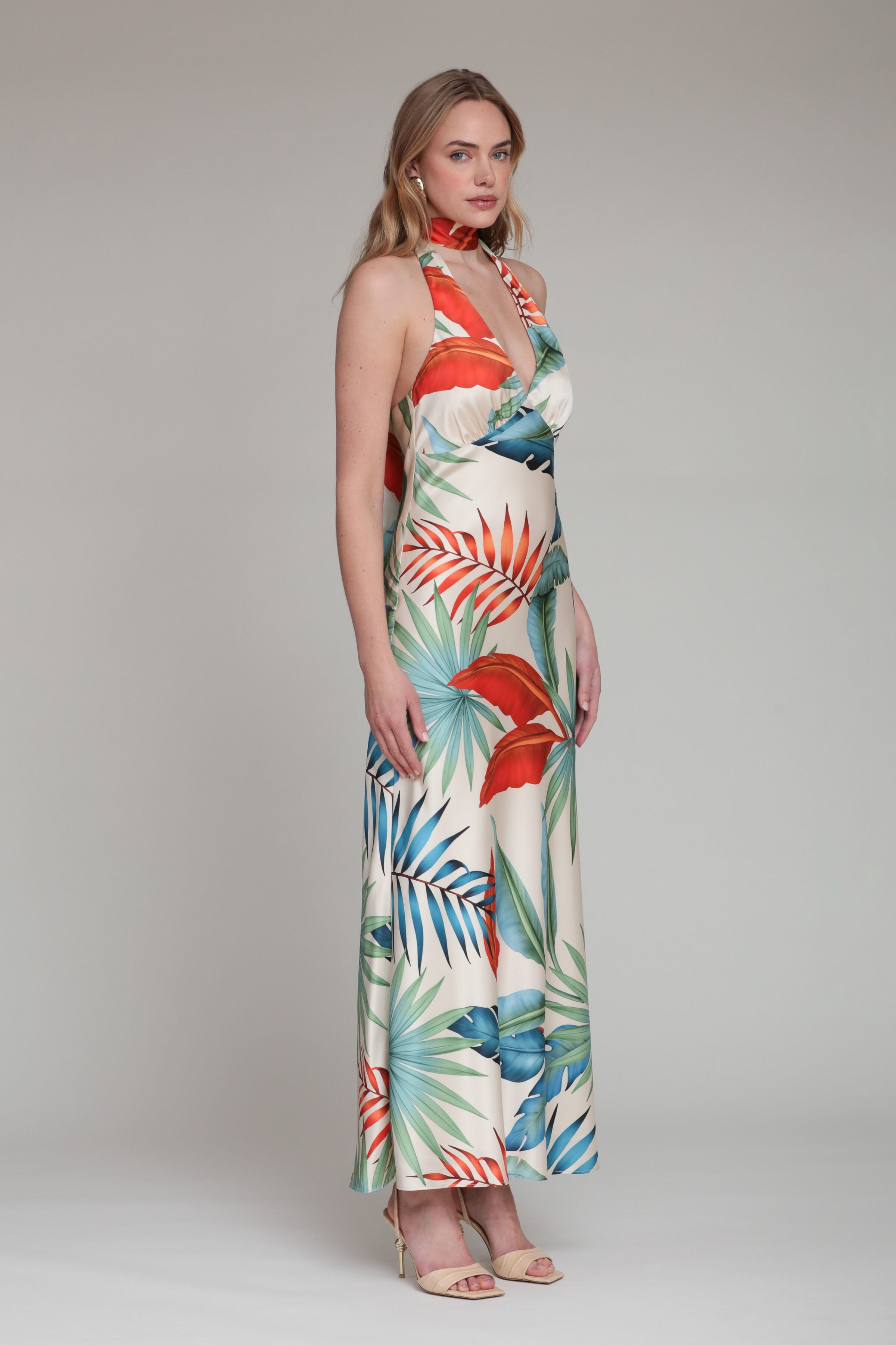 Tropical Satin Scarf Tie Halter Maxi Dress