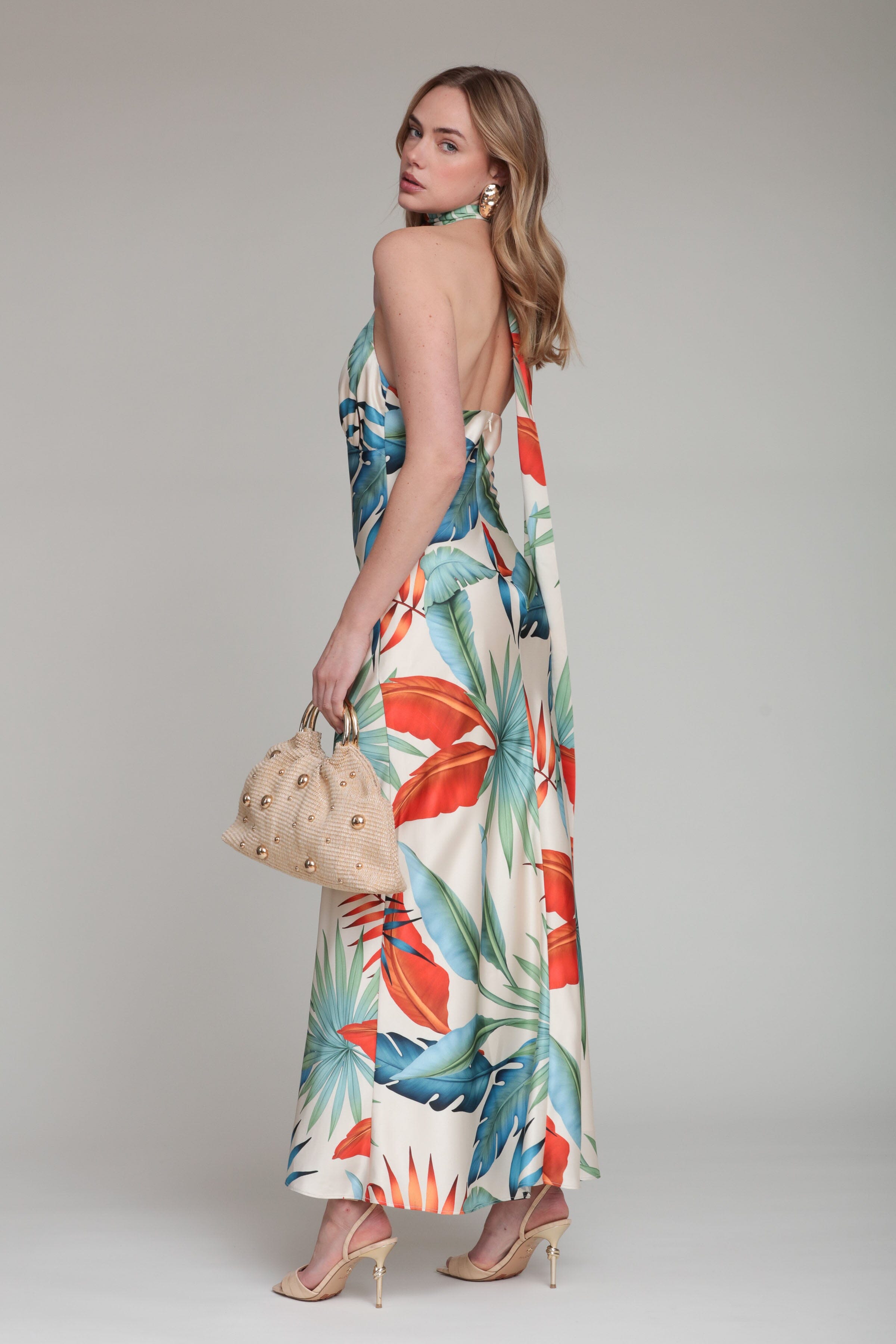 Tropical Satin Scarf Tie Halter Maxi Dress Birds of Paradise / 8 Tropical Satin Scarf Tie Halter Maxi Dress Birds of Paradise / 8
