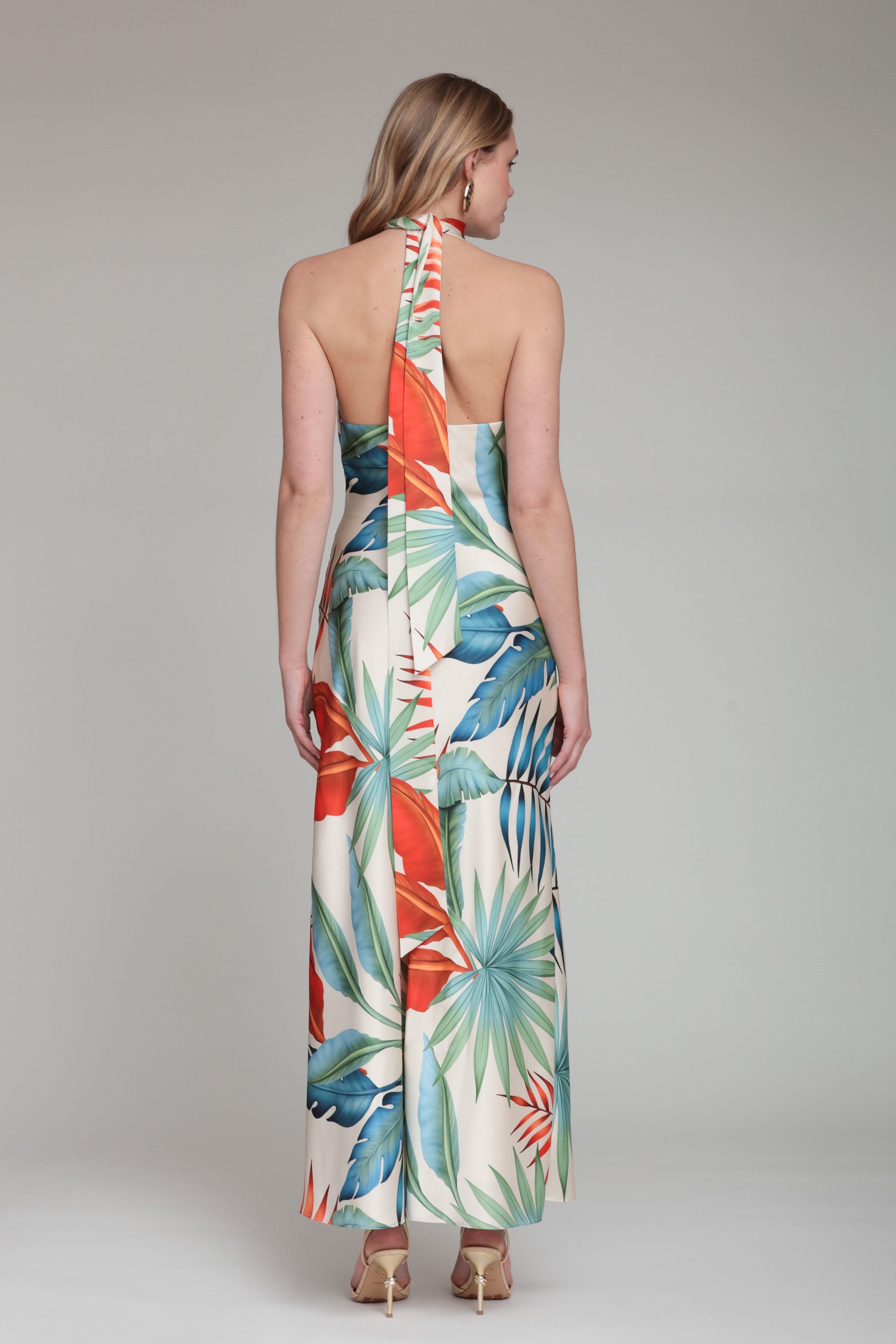 Tropical Satin Scarf Tie Halter Maxi Dress Birds of Paradise / 8 Tropical Satin Scarf Tie Halter Maxi Dress Birds of Paradise / 8