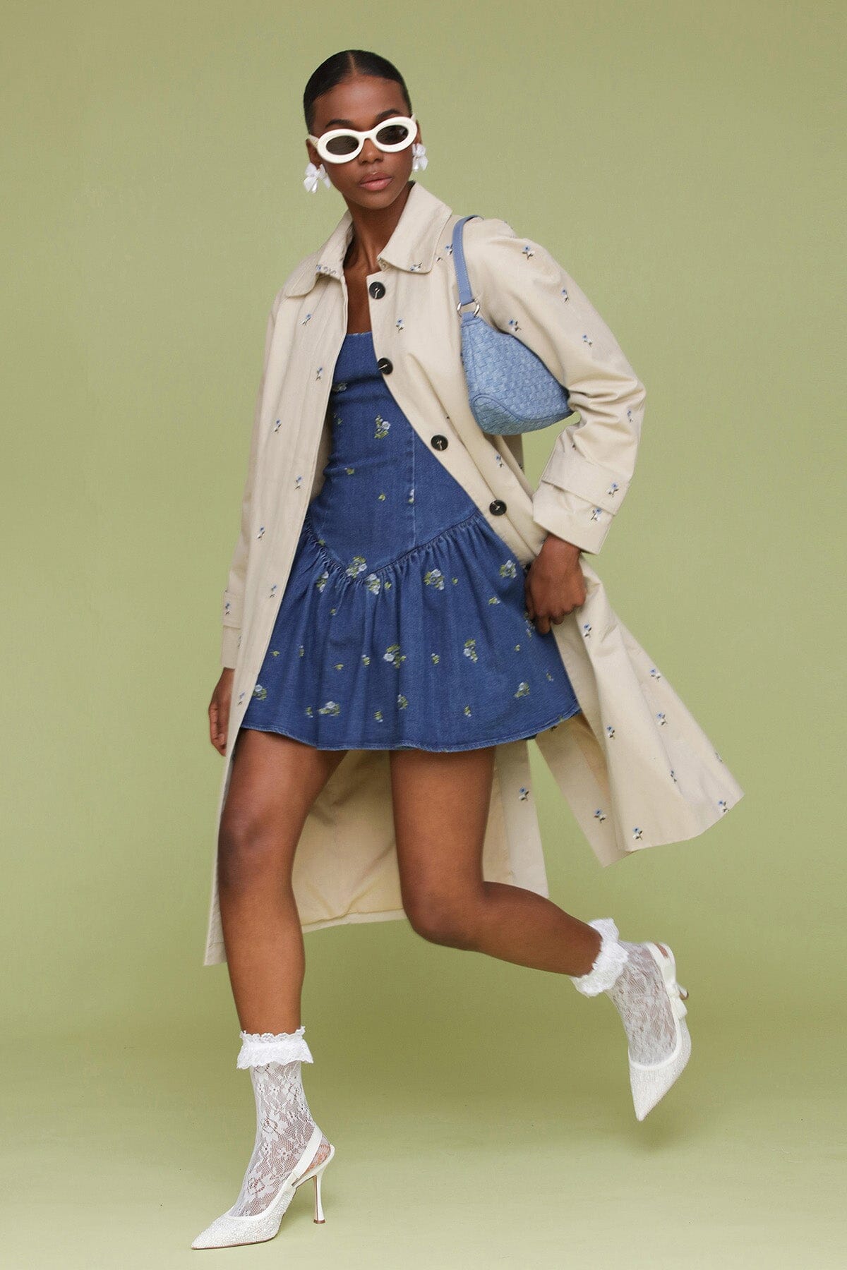 Navy blue kauri wash floral embroidered denim flounce mini dress with Square neckline and adjustable cross-back straps - Cute women's dresses by Avec Les Filles