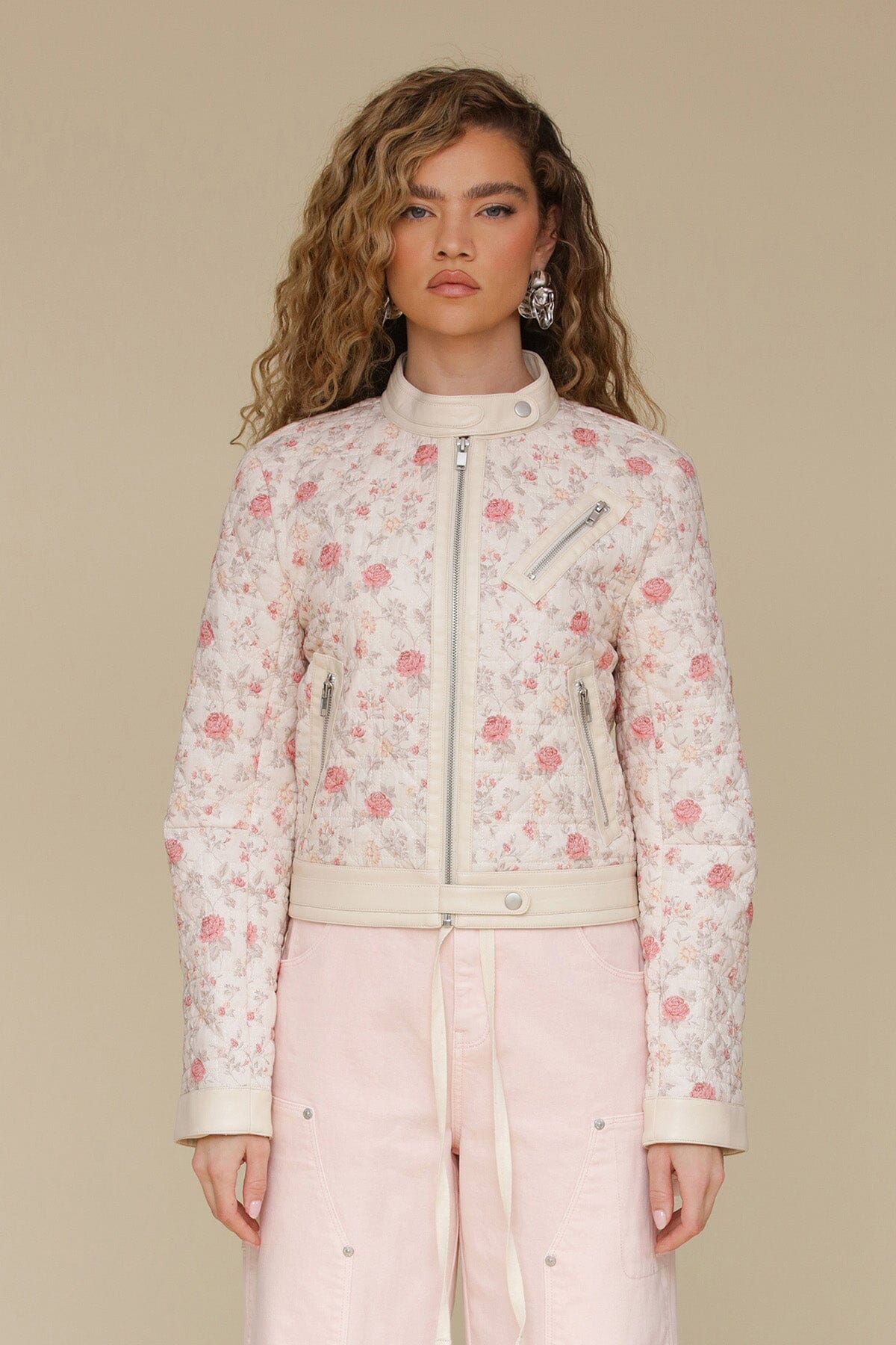 Soft pink floral quilted floral cotton moto jacket with quilted cotton and cream faux leather trim - Cute women's jackets by Avec Les Filles