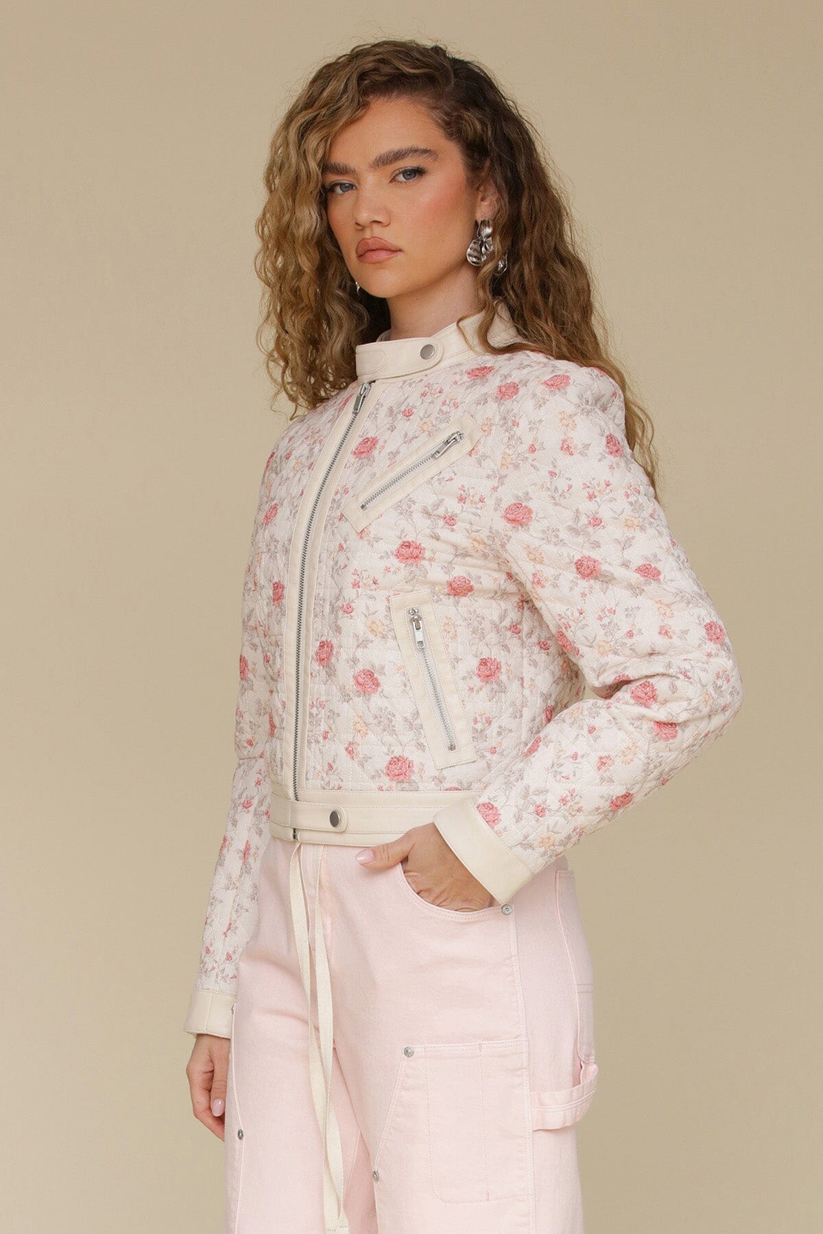 Soft pink floral quilted floral cotton moto jacket with quilted cotton and cream faux leather trim - Cute women's jackets by Avec Les Filles