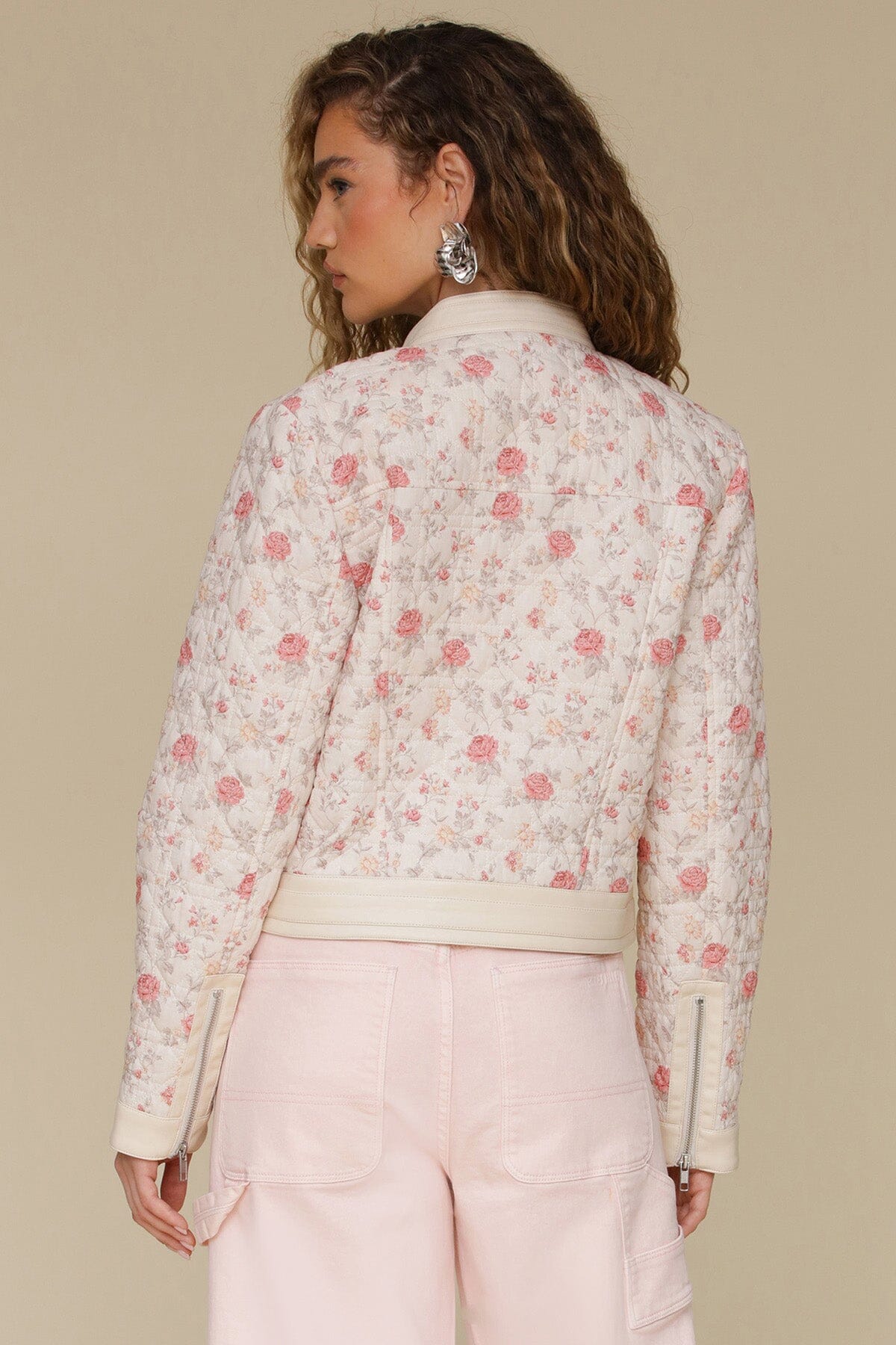 Soft pink floral quilted floral cotton moto jacket with quilted cotton and cream faux leather trim - Cute women's jackets by Avec Les Filles