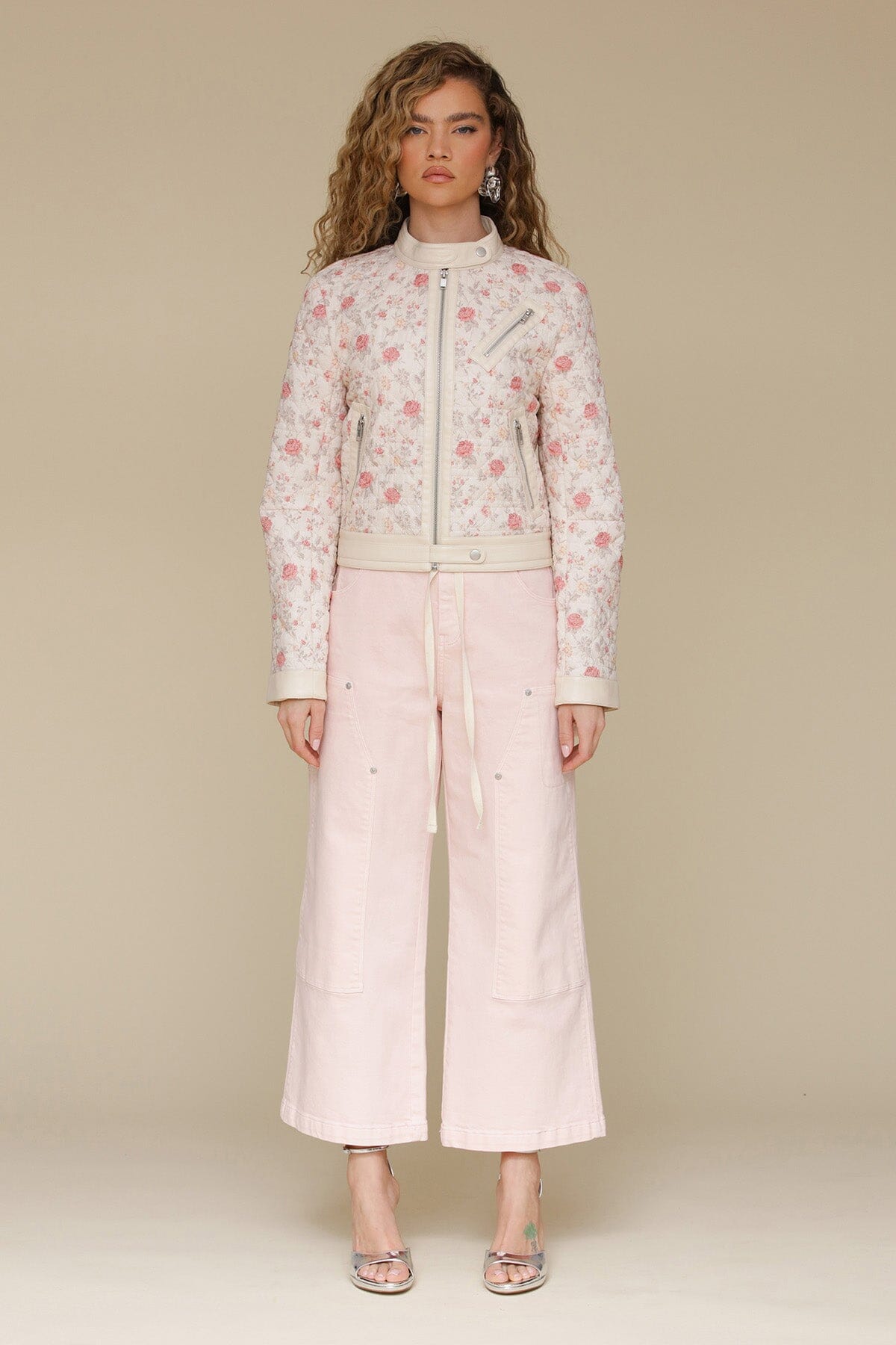 Soft pink floral quilted floral cotton moto jacket with quilted cotton and cream faux leather trim - Cute women's jackets by Avec Les Filles