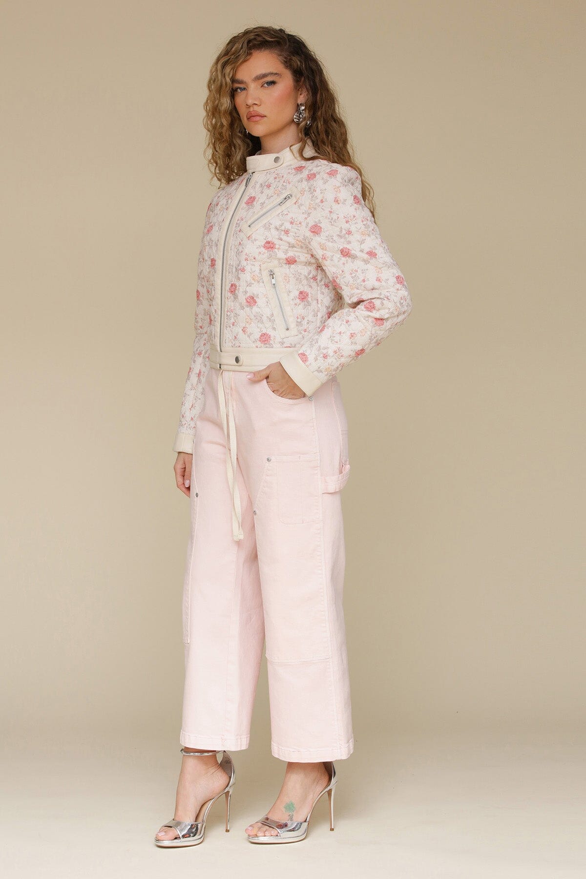 Soft pink floral quilted floral cotton moto jacket with quilted cotton and cream faux leather trim - Cute women's jackets by Avec Les Filles