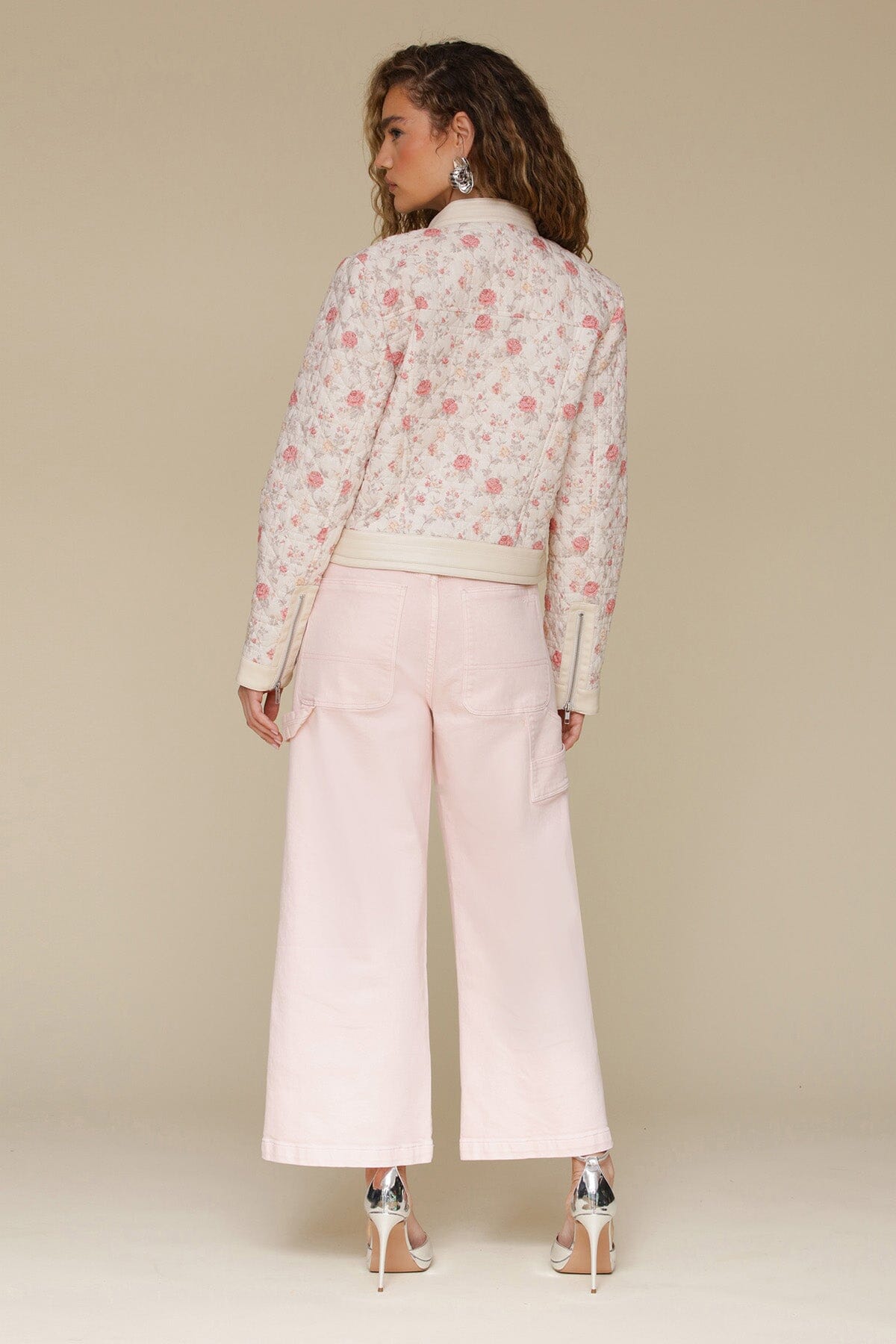 Soft pink floral quilted floral cotton moto jacket with quilted cotton and cream faux leather trim - Cute women's jackets by Avec Les Filles