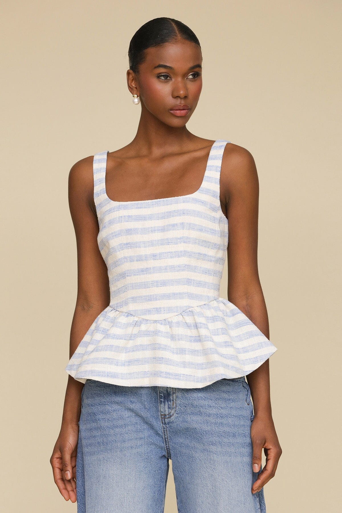 Blue white striped cotton blend peplum sleeveless top with square neck and back zipper - Cute women's tops by Avec Les Filles