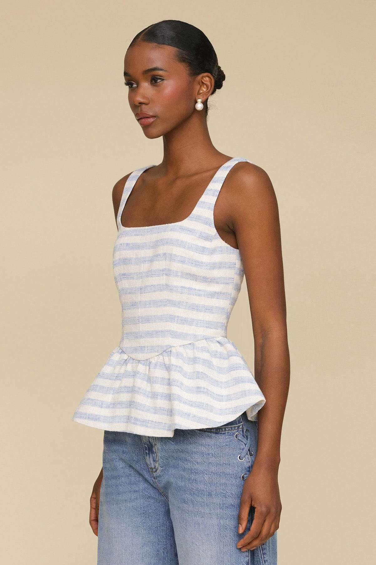 Blue white striped cotton blend peplum sleeveless top with square neck and back zipper - Cute women's tops by Avec Les Filles