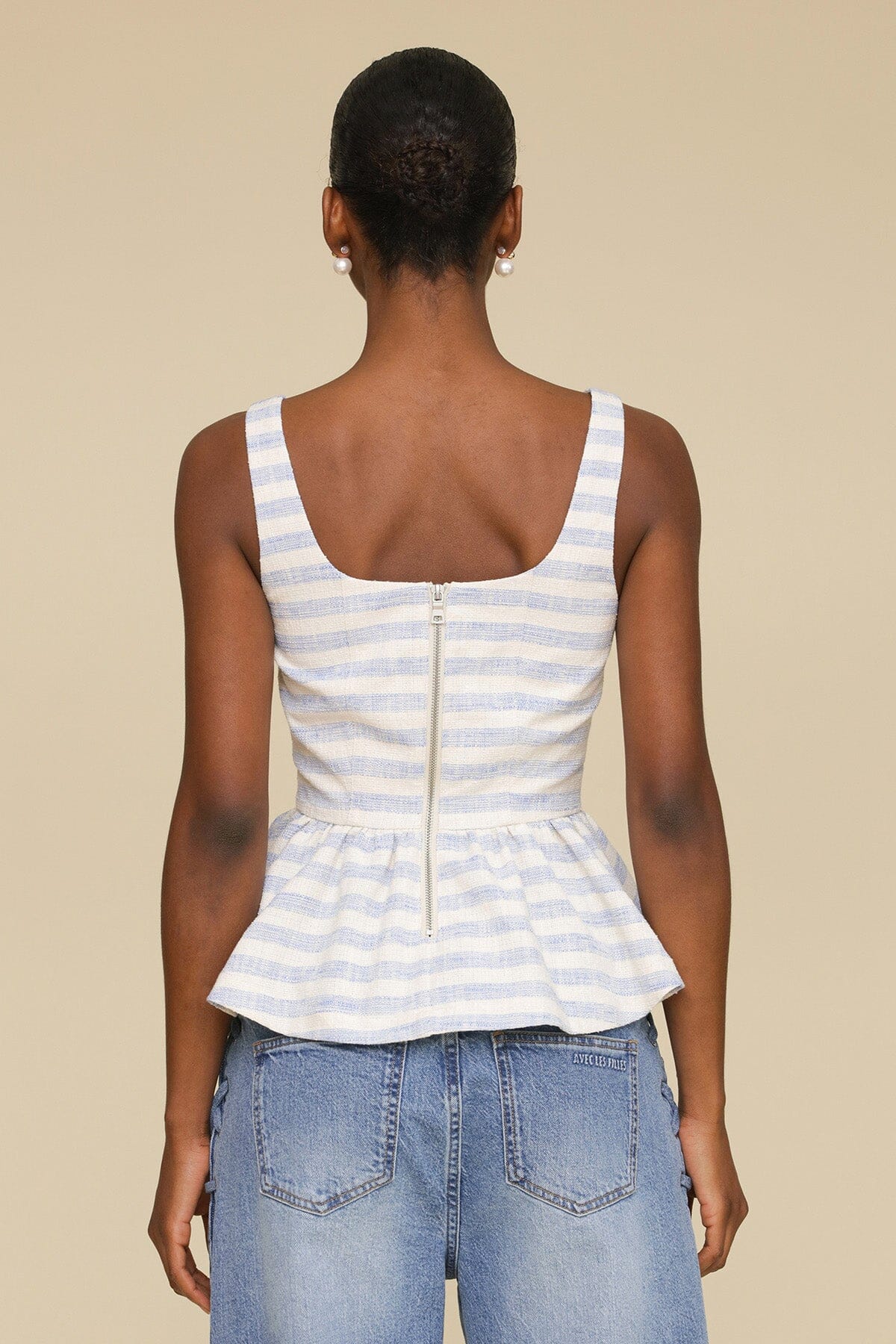 Blue white striped cotton blend peplum sleeveless top with square neck and back zipper - Cute women's tops by Avec Les Filles