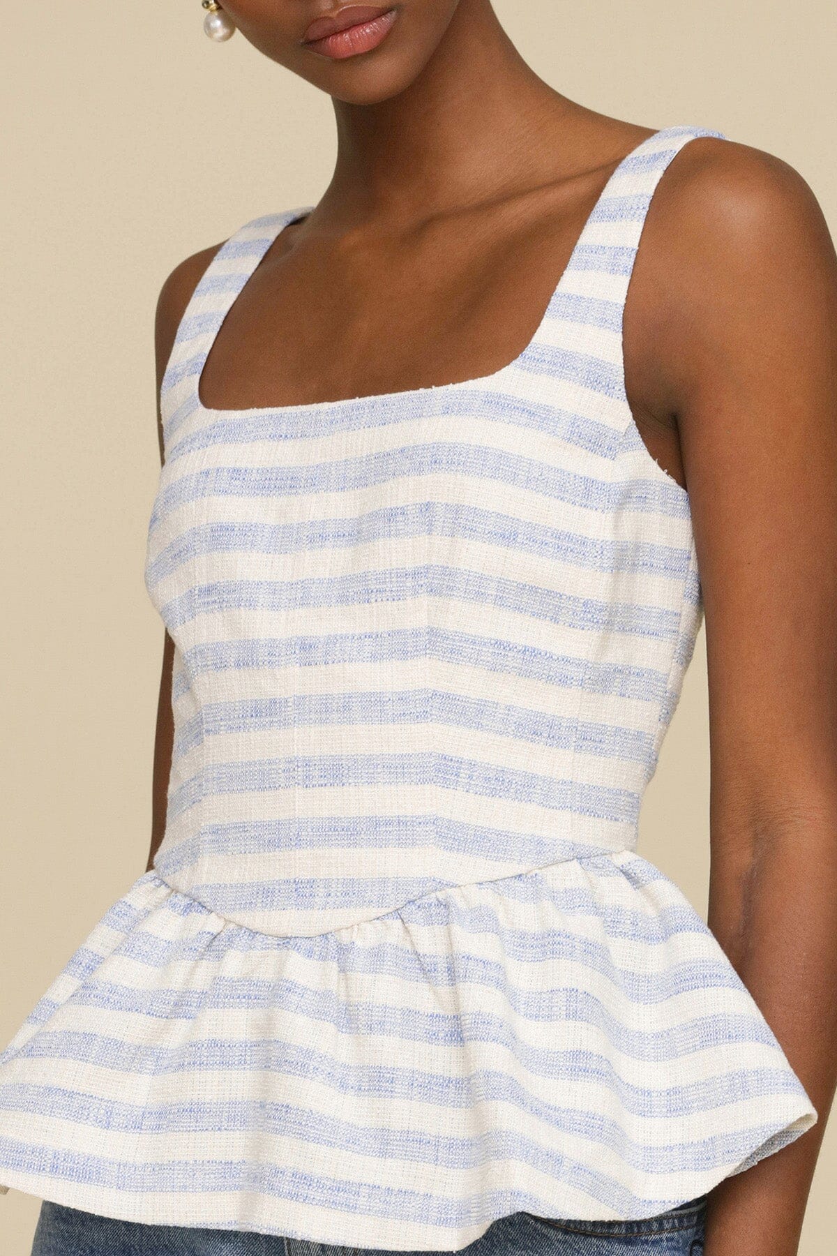 Blue white striped cotton blend peplum sleeveless top with square neck and back zipper - Cute women's tops by Avec Les Filles