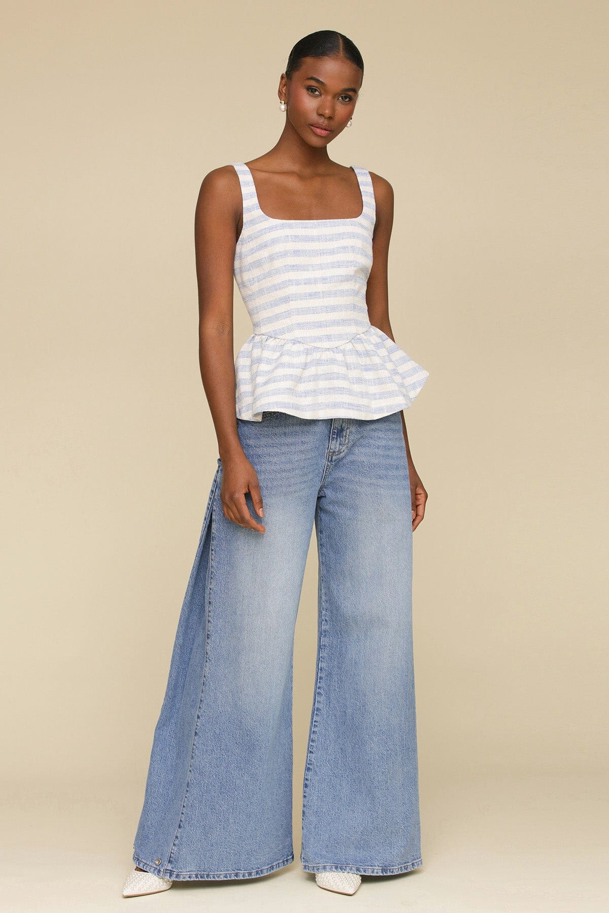 Blue white striped cotton blend peplum sleeveless top with square neck and back zipper - Cute women's tops by Avec Les Filles