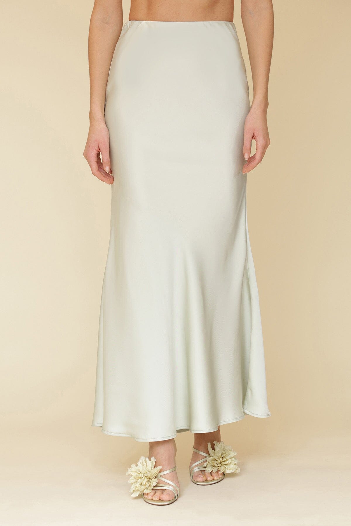 Light sage satin bias cut maxi high rise slip skirt with hidden elastic waistband - Cute women's skirts by Avec Les Filles