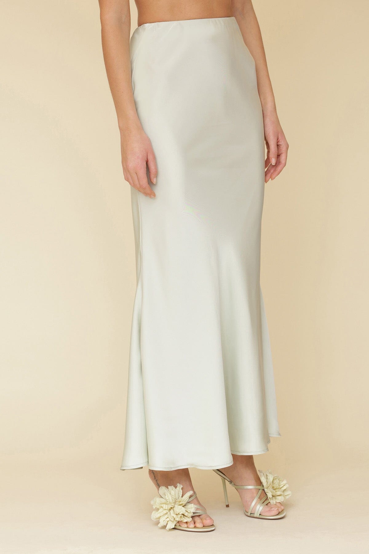 Light sage satin bias cut maxi high rise slip skirt with hidden elastic waistband - Cute women's skirts by Avec Les Filles