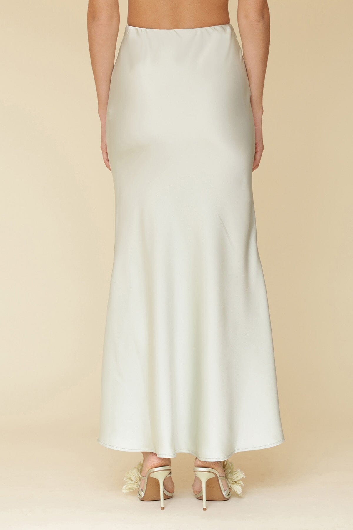 Light sage satin bias cut maxi high rise slip skirt with hidden elastic waistband - Cute women's skirts by Avec Les Filles