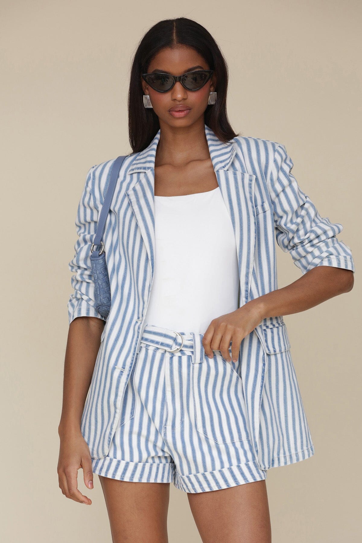 Blue white striped cotton tailored shorts with high-rise waist and removable self belt - Cute women's shorts by Avec Les Filles