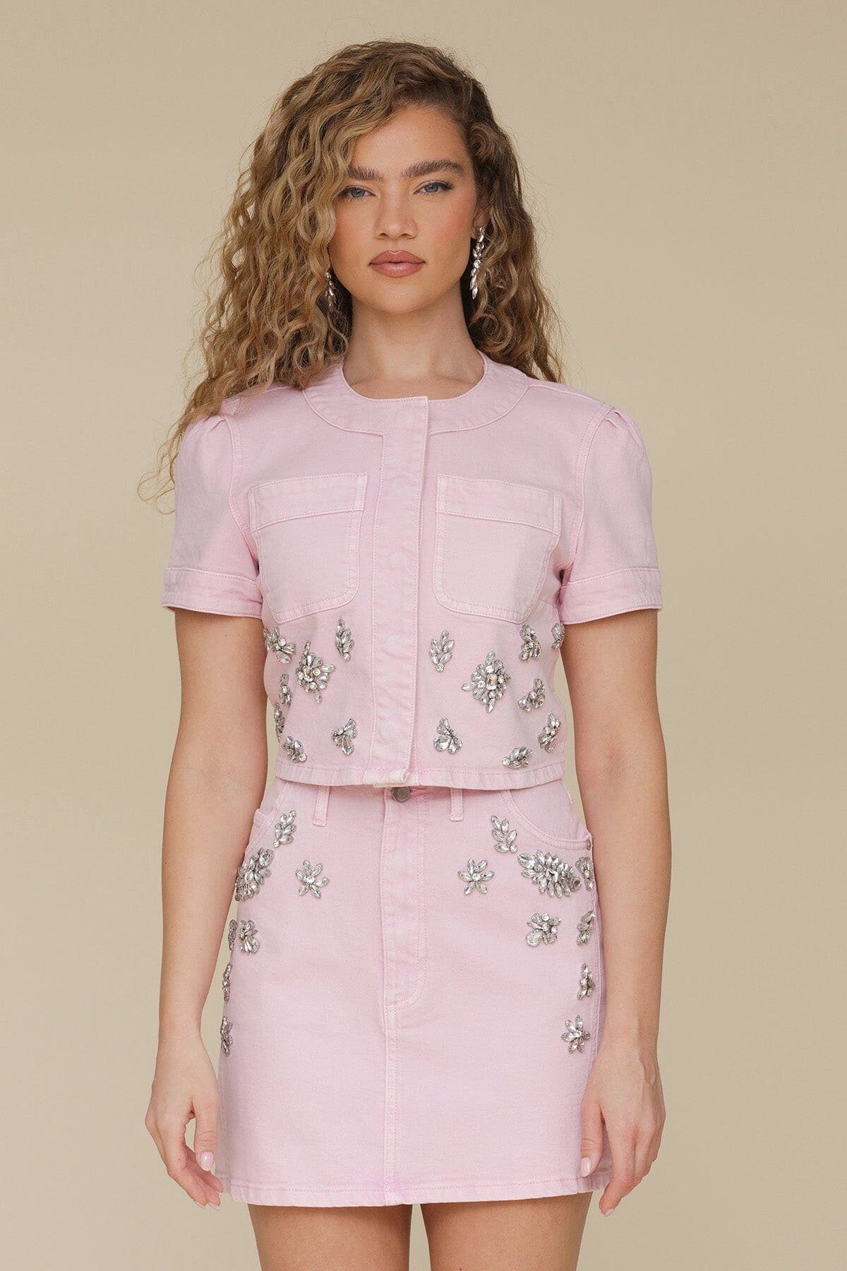 Ballerina light pink rhinestone trim cotton twill crop top - Cute women's tops by Avec Les Filles
