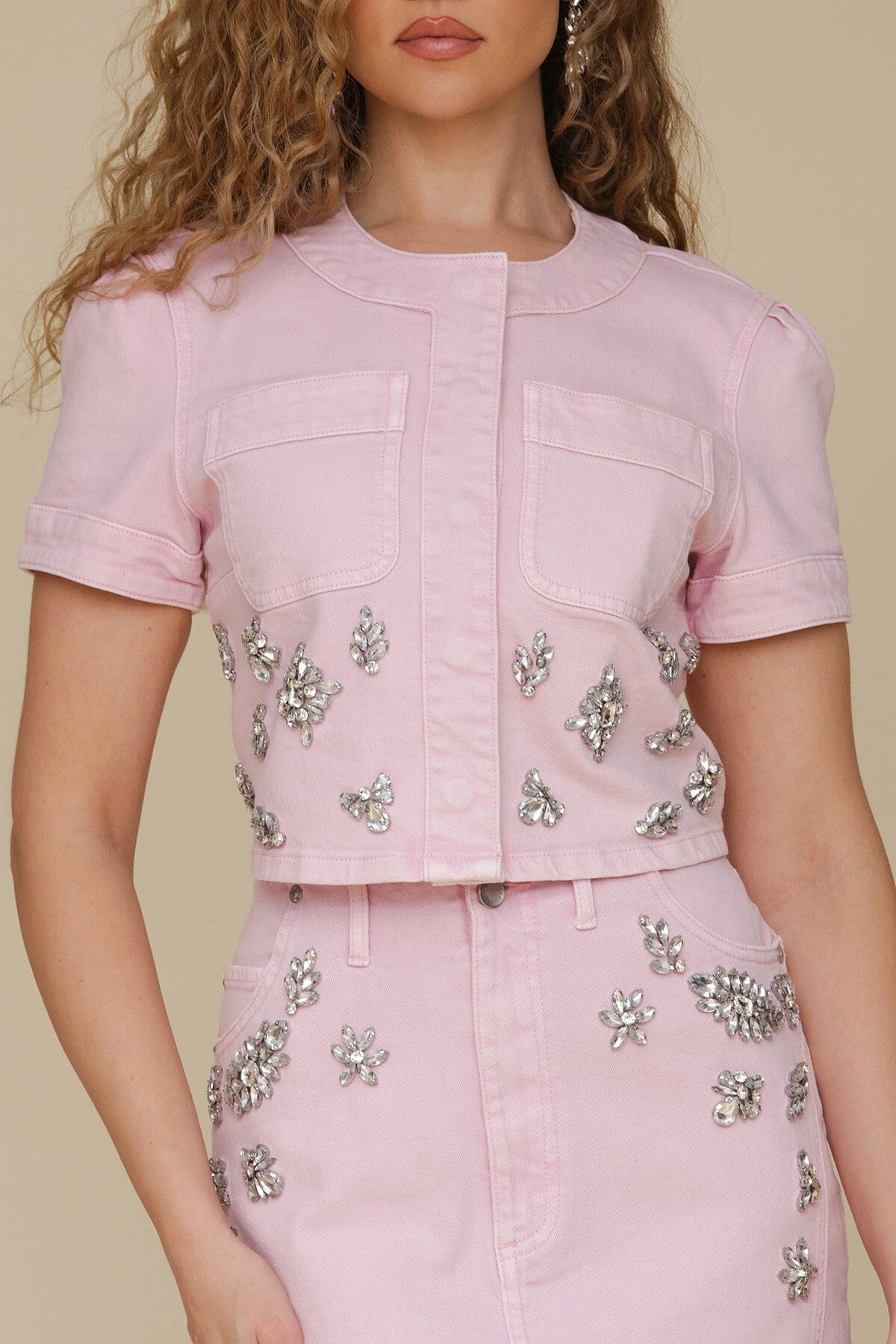 Ballerina light pink rhinestone trim cotton twill crop top - Cute women's tops by Avec Les Filles