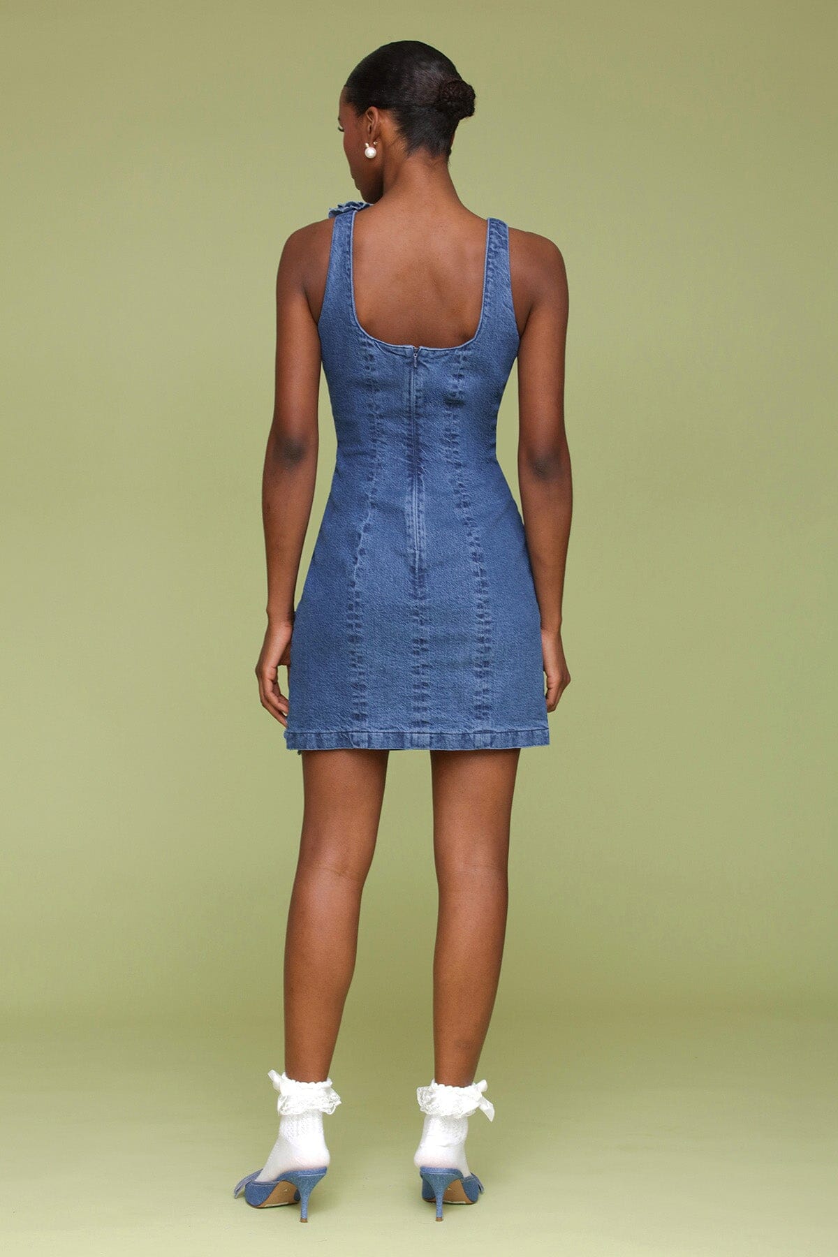 Blue wash 3D floral applique denim mini dress with scoop neckline and wide straps - Cute women's dresses by Avec Les Filles