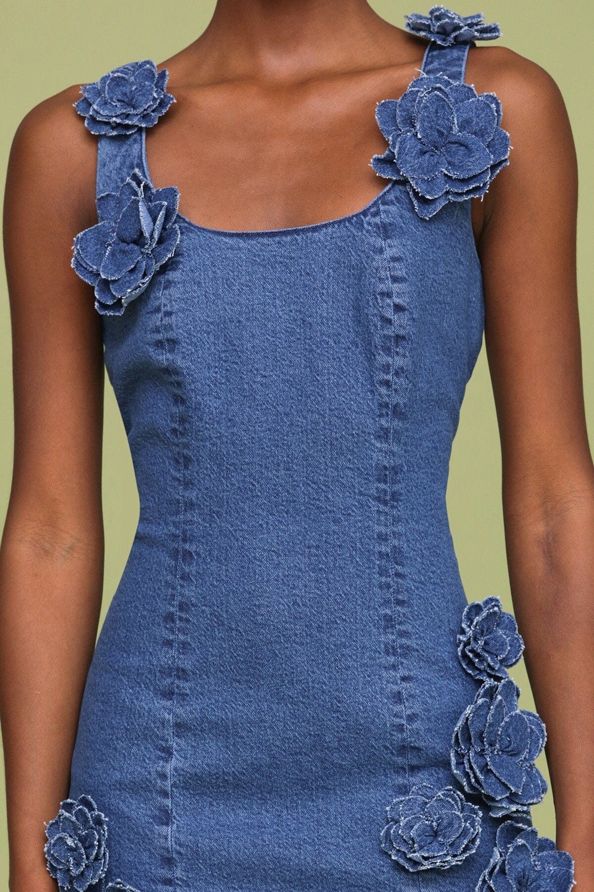 Blue wash 3D floral applique denim mini dress with scoop neckline and wide straps - Cute women's dresses by Avec Les Filles