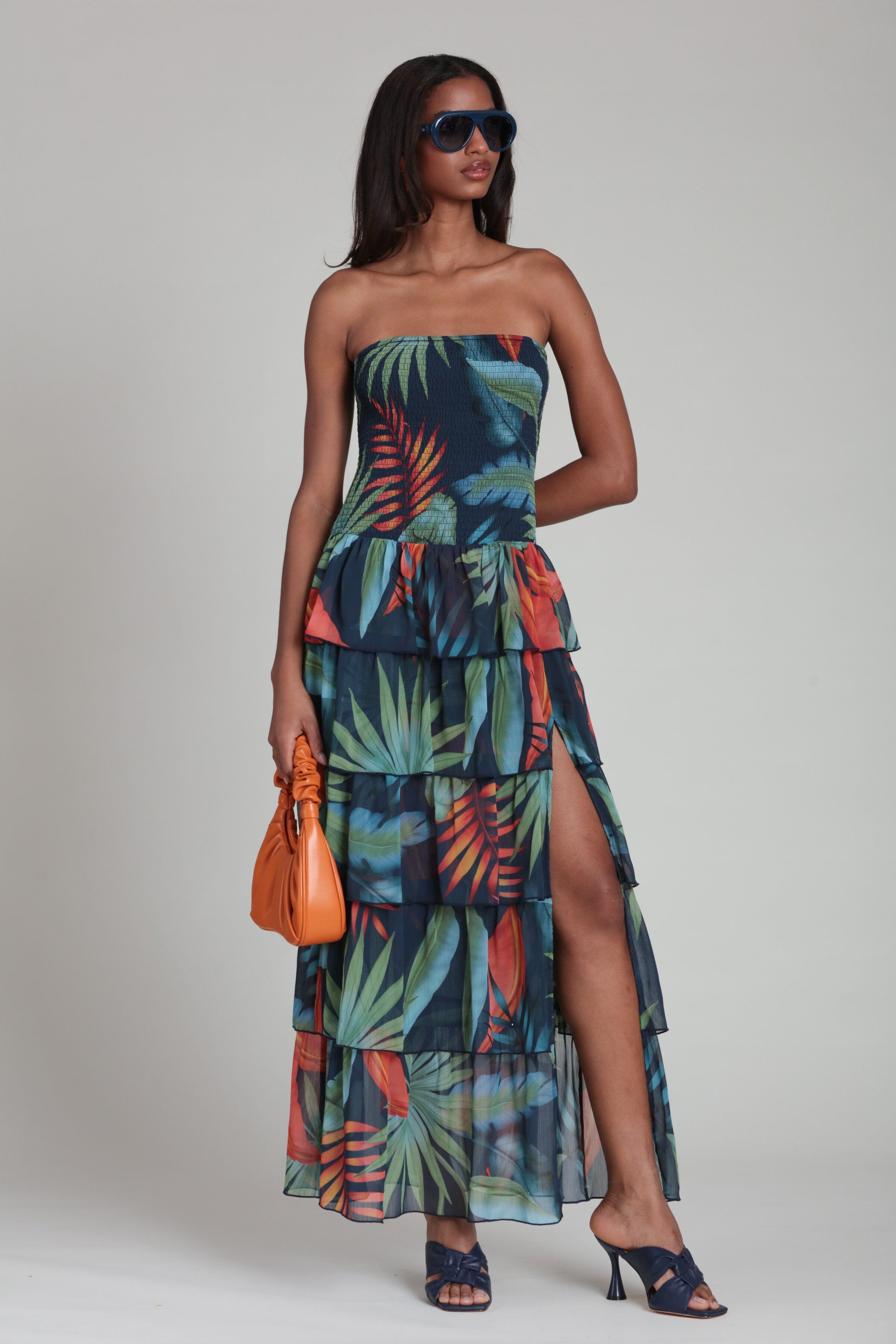 cute maxi dress Tropical Tiered Strapless Maxi Dress